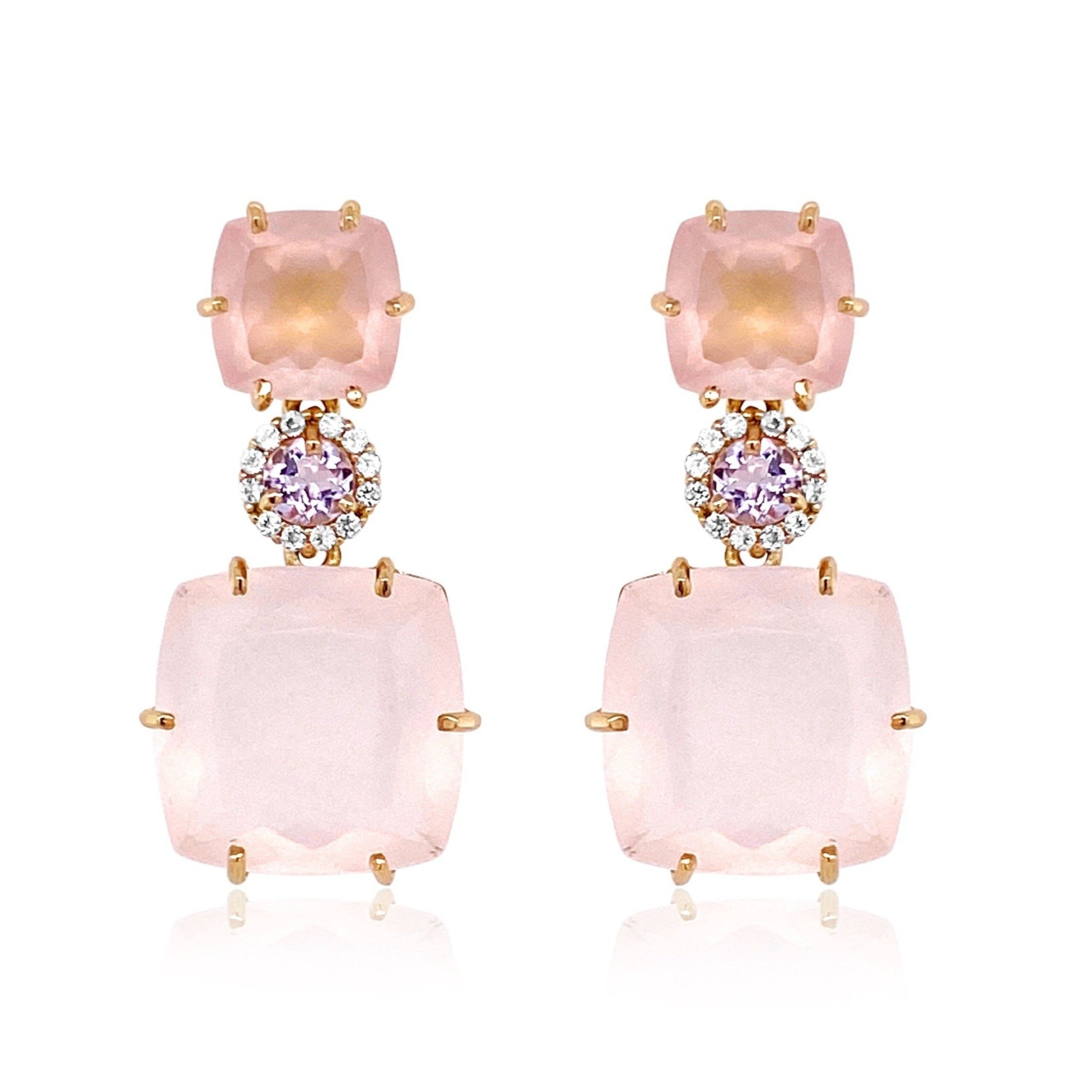 DEUX Earrings (1145) - Pink Amethyst, Rose Quartz / YG
