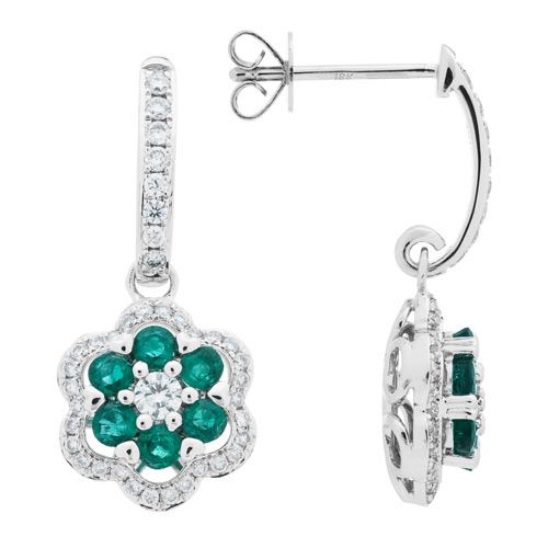 1.39 CARAT ROUND CUT EMERALD AND DIAMOND EARRINGS 18KT WHITE GOLD