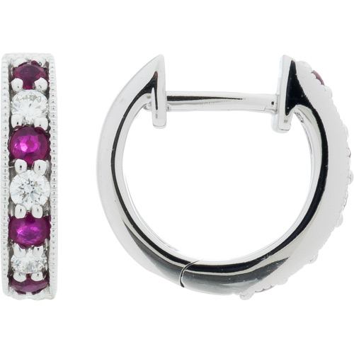0.51 Carat Round Cut Ruby and Diamond Hoop Earrings 18Kt White Gold
