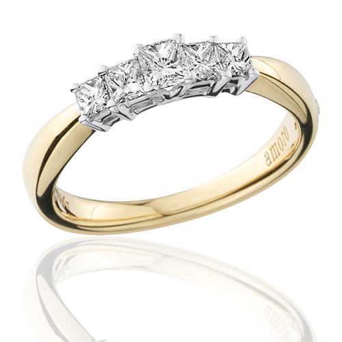 0.50 CARAT PRINCESS CUT FIVE STONE DIAMOND RING 18KT YELLOW GOLD