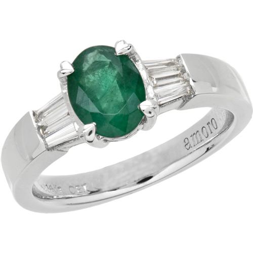 1.53 CARAT CLASSIC OVAL AND BAGUETTE CUT EMERALD AND DIAMOND 14KT WHITE GOLD RING