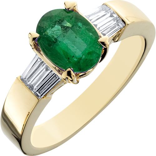 1.53 CARAT CLASSIC OVAL AND BAGUETTE CUT EMERALD AND DIAMOND 14KT YELLOW GOLD RING