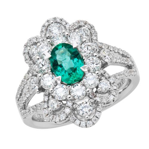 2.47 CARAT CLASSIC OVAL AND ROUND BRILLIANT CUT EMERALD AND DIAMOND 14KT WHITE GOLD RING