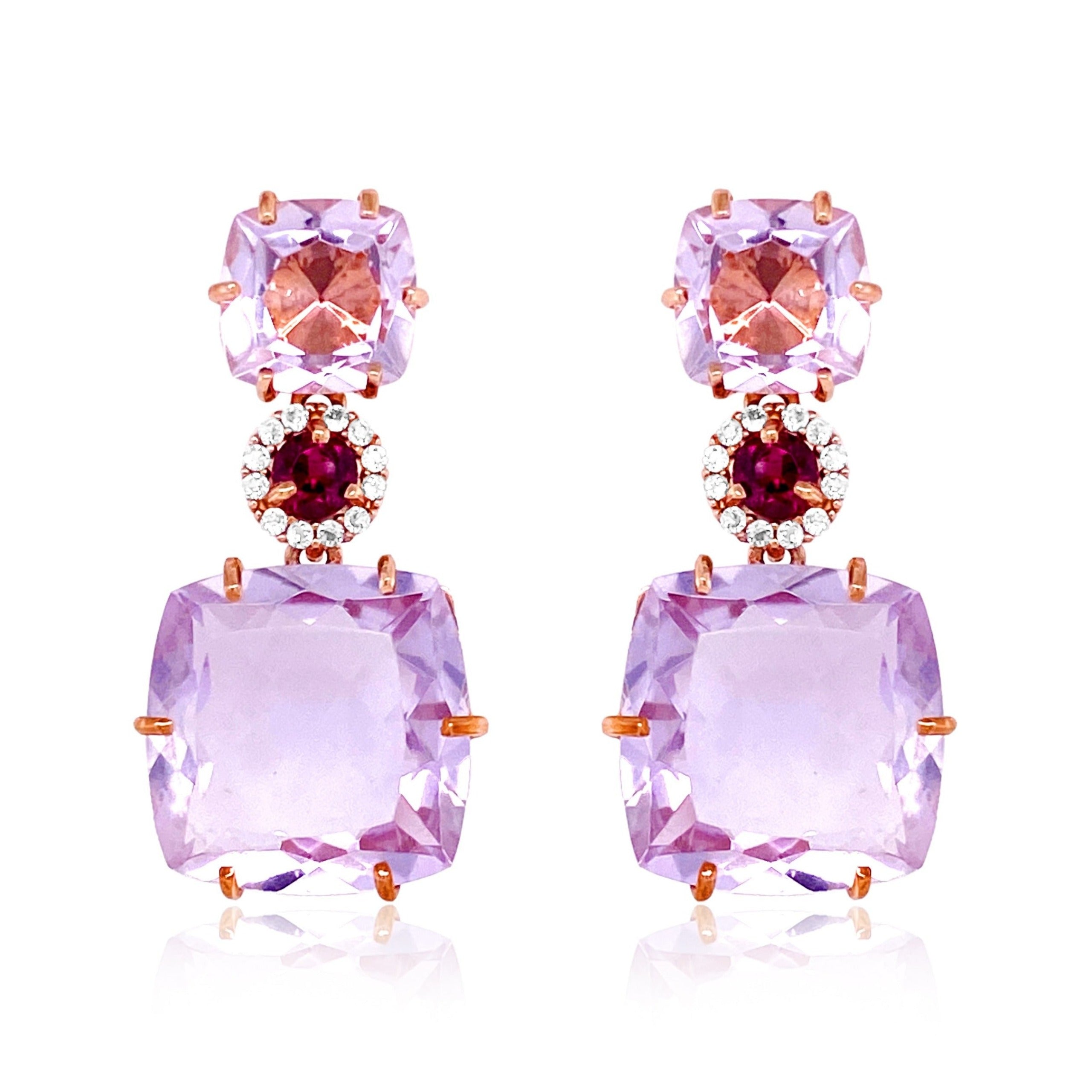 DEUX Earrings (1145) - Pink Amethyst, Rhodolite  / RG