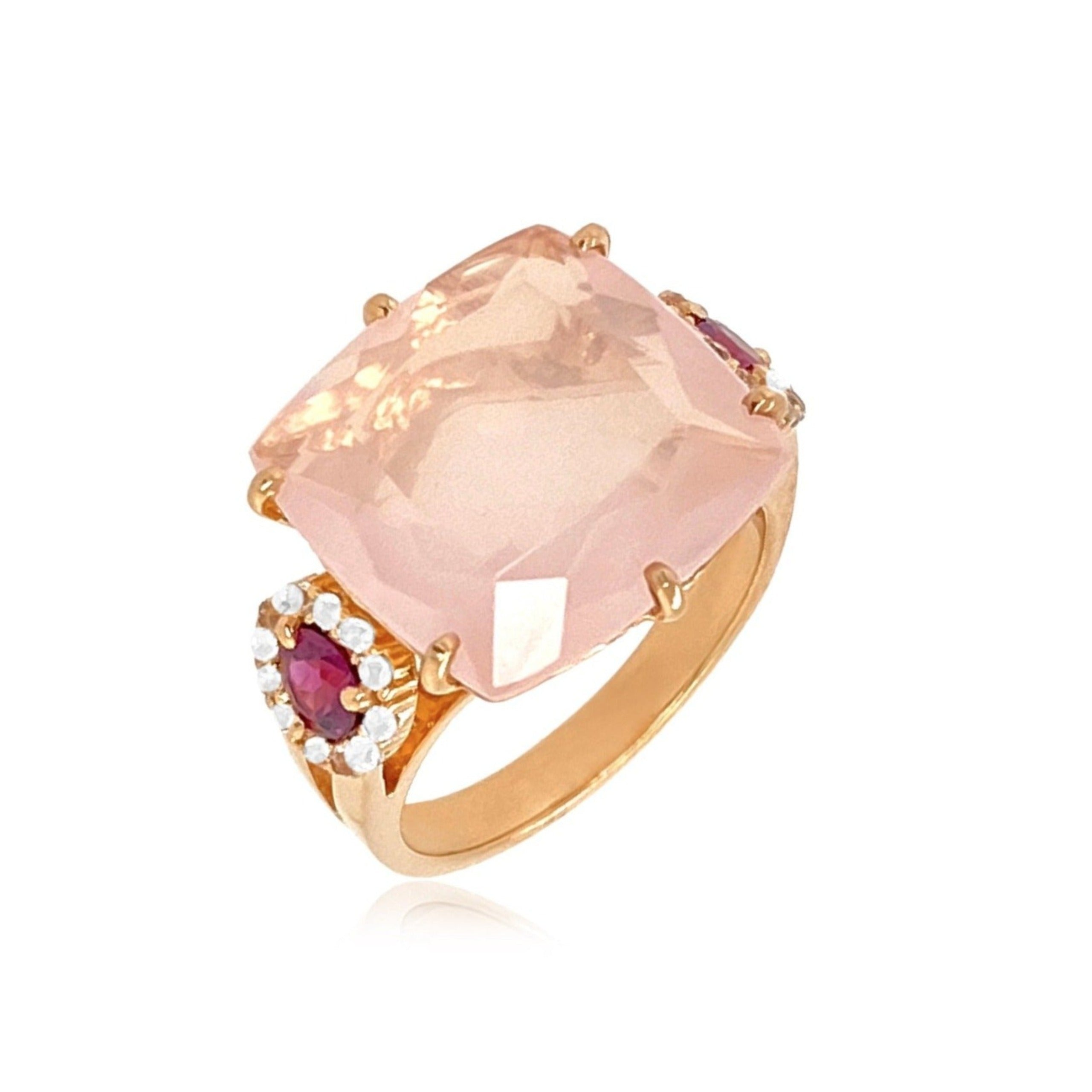 DEUX Ring (1145) - Rhodolite, Rose Quartz / RG