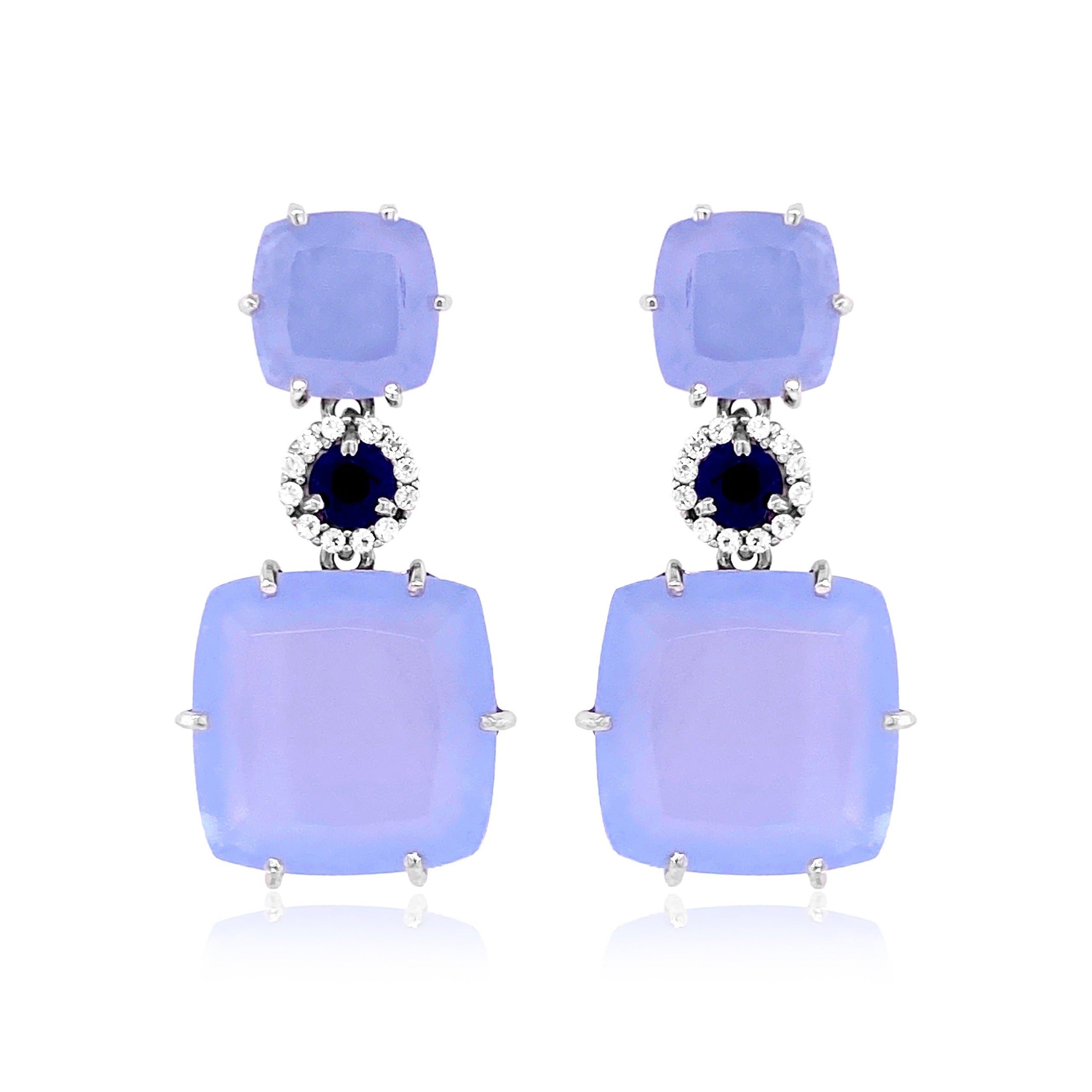 DEUX Earrings (1145) - Blue Chalcedony, Navy Blue Quartz / SS