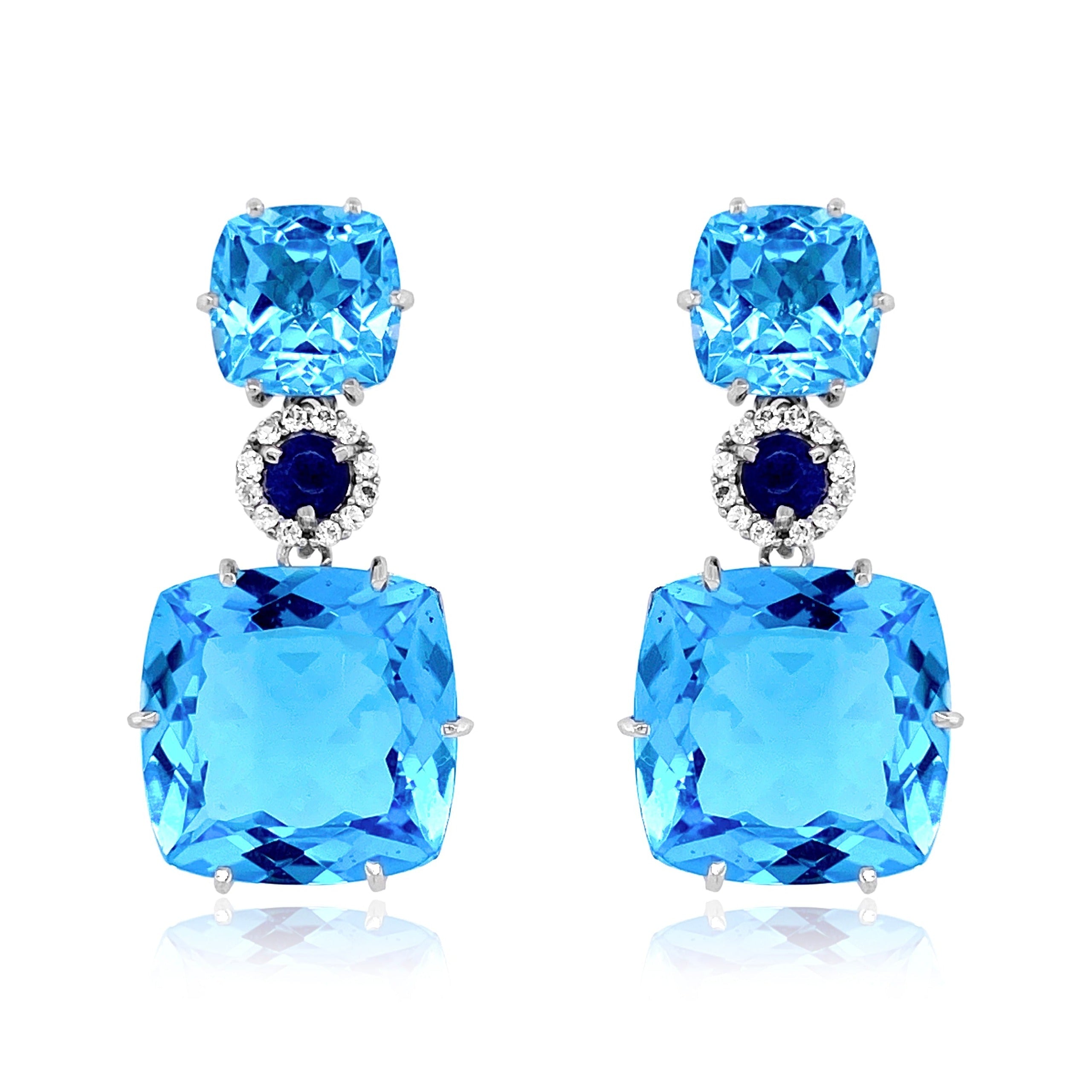 DEUX Earrings (1145) - Blue Topaz, Navy Blue Quartz / SS