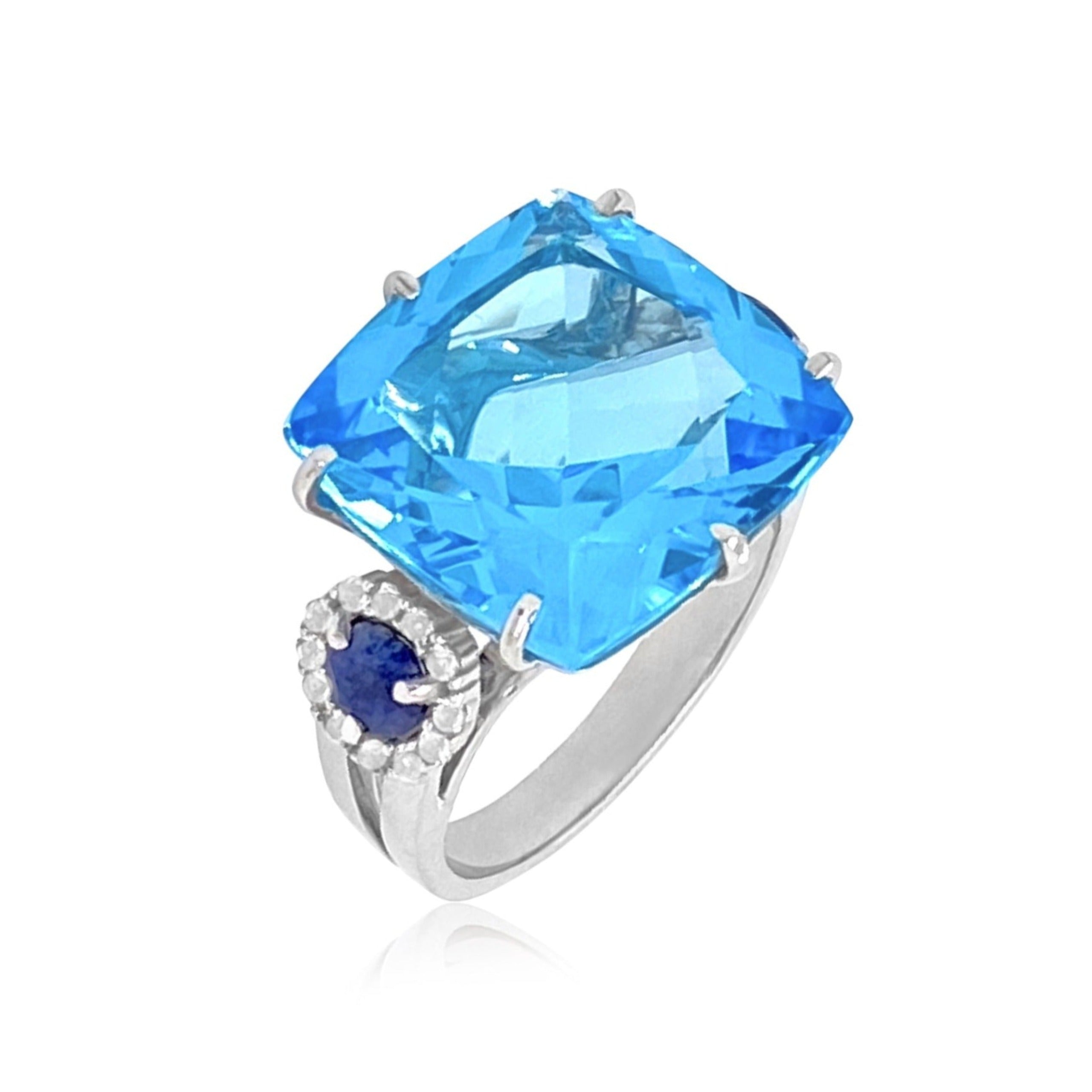 DEUX Ring (1145) - Blue Topaz, Navy Blue Quartz / SS