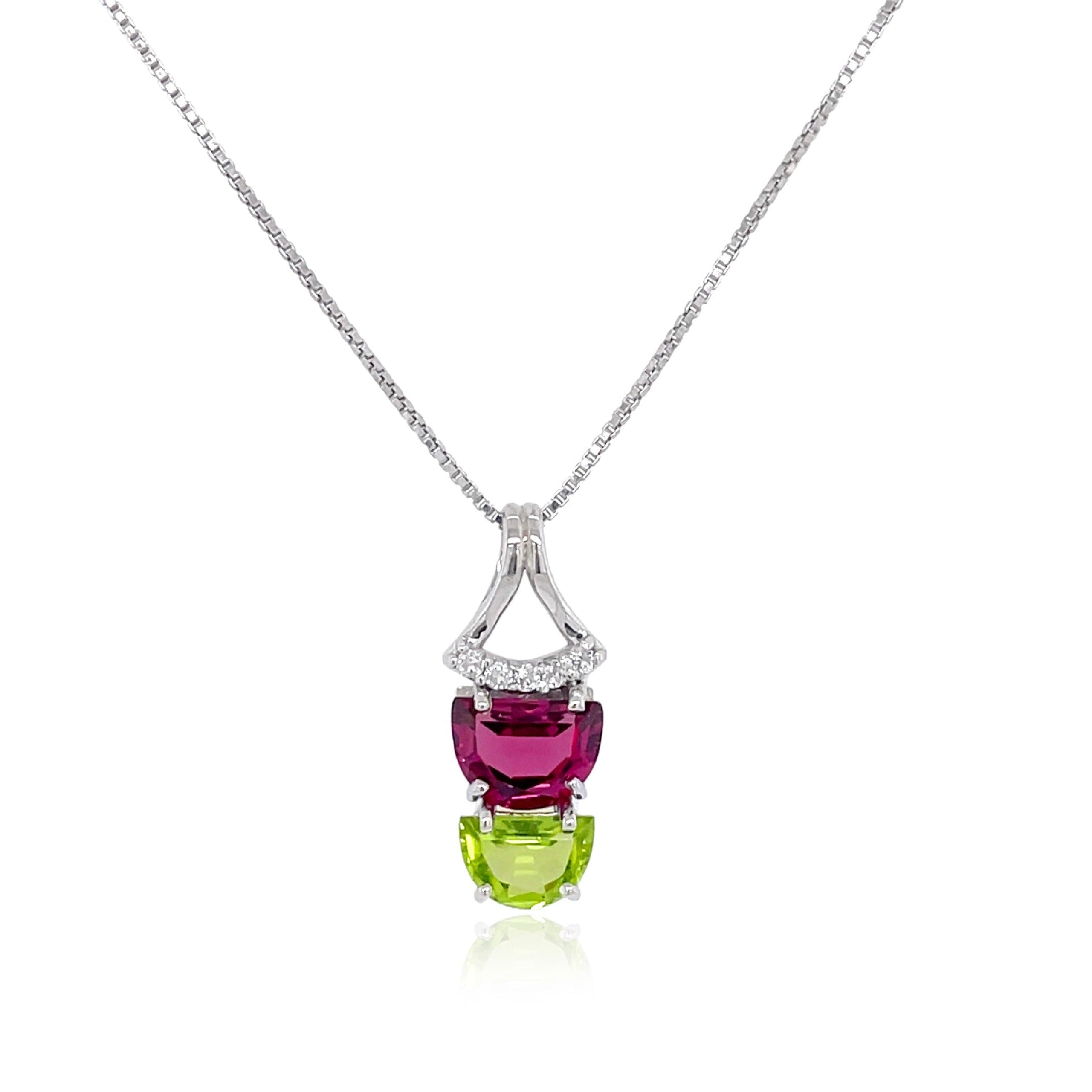 PENDULUM Necklace (1322) - Peridot, Rhodolite / SS