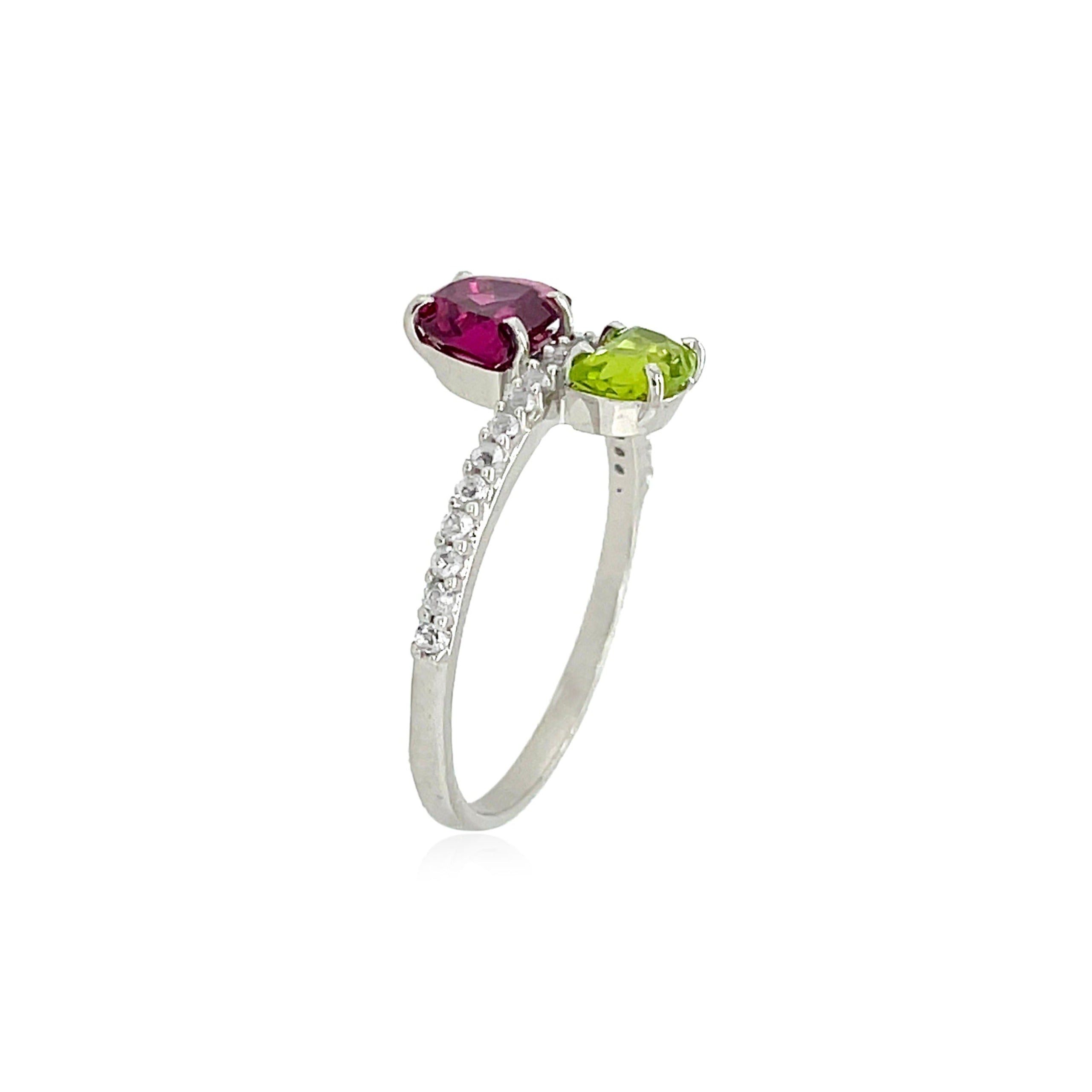 PENDULUM Ring (1322) - Peridot, Rhodolite / SS