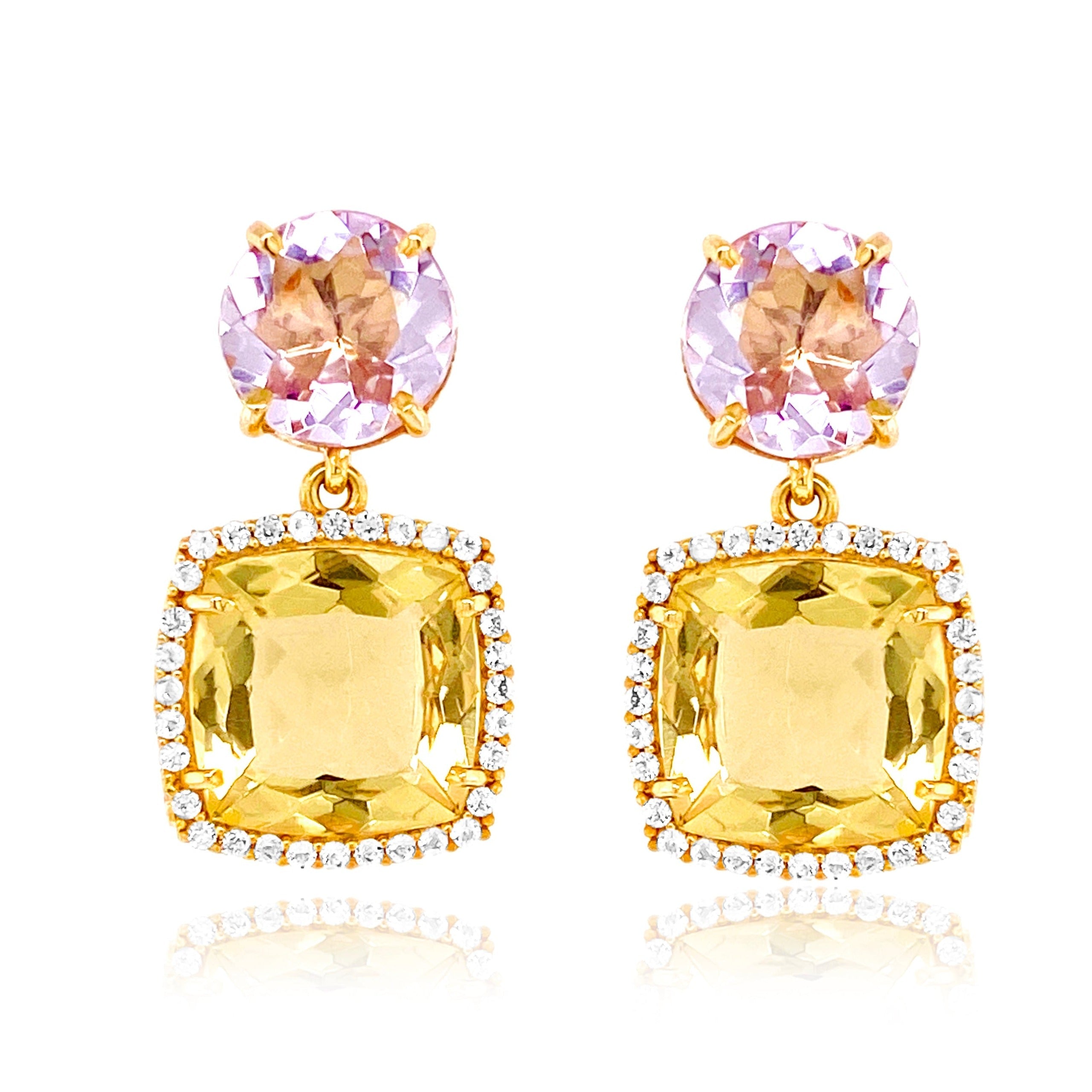 DEUX Earrings (1145) - Light Citrine, Pink Amethyst  / YG