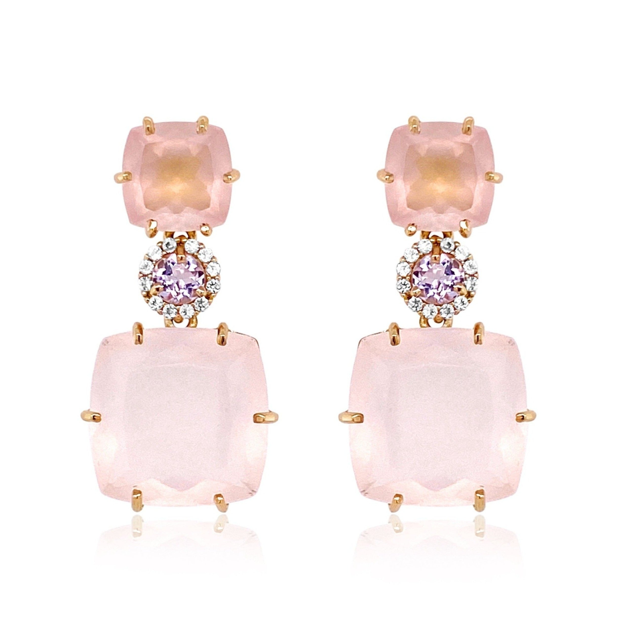 DEUX Earrings (1145) - Pink Amethyst, Rose Quartz  / YG