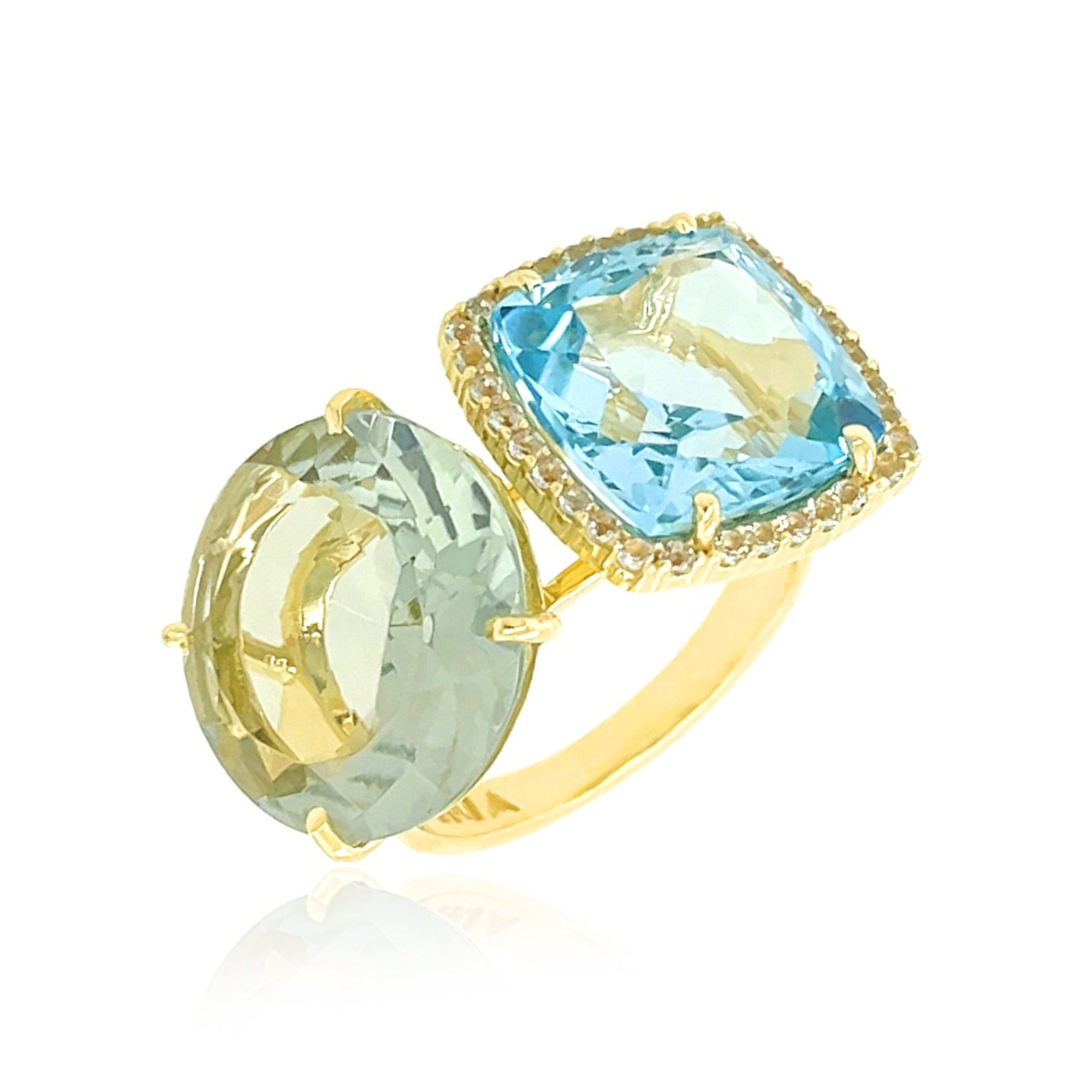 DEUX Ring (1145) - Prasiolite, Blue Topaz / YG