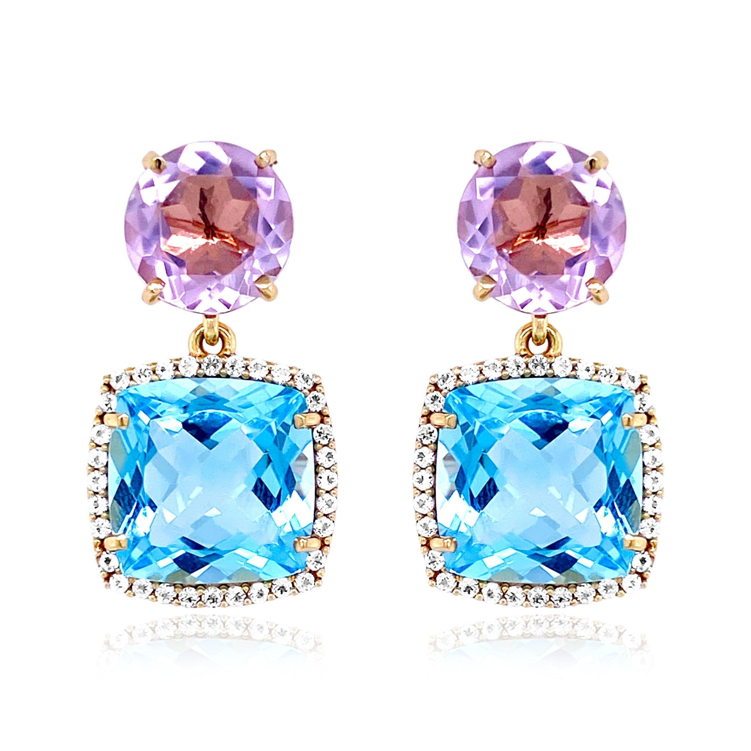 DEUX Earrings (1145) - Blue Topaz, Pink Amethyst / YG