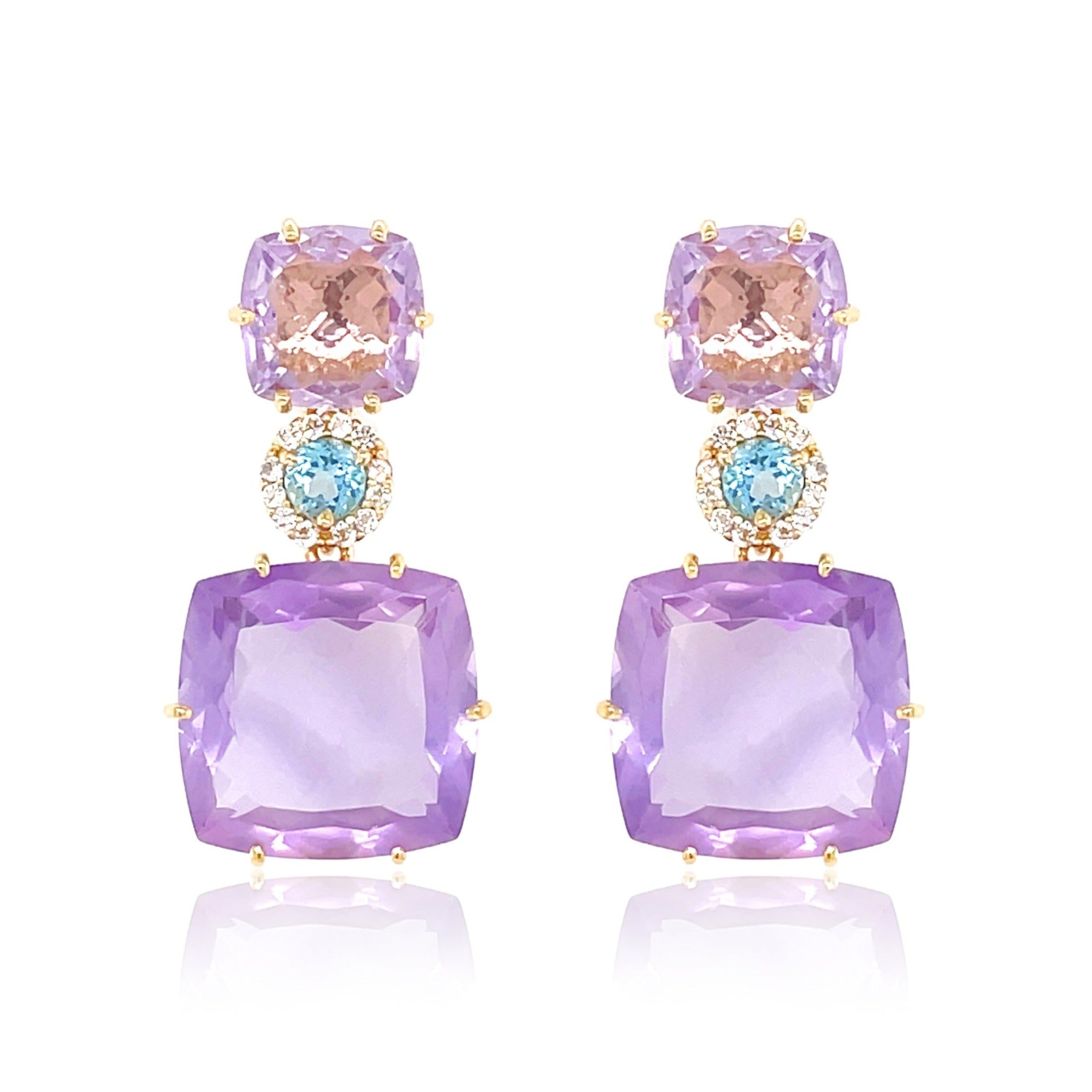 DEUX Earrings (1145) - Pink Amethyst, Blue Topaz  / YG