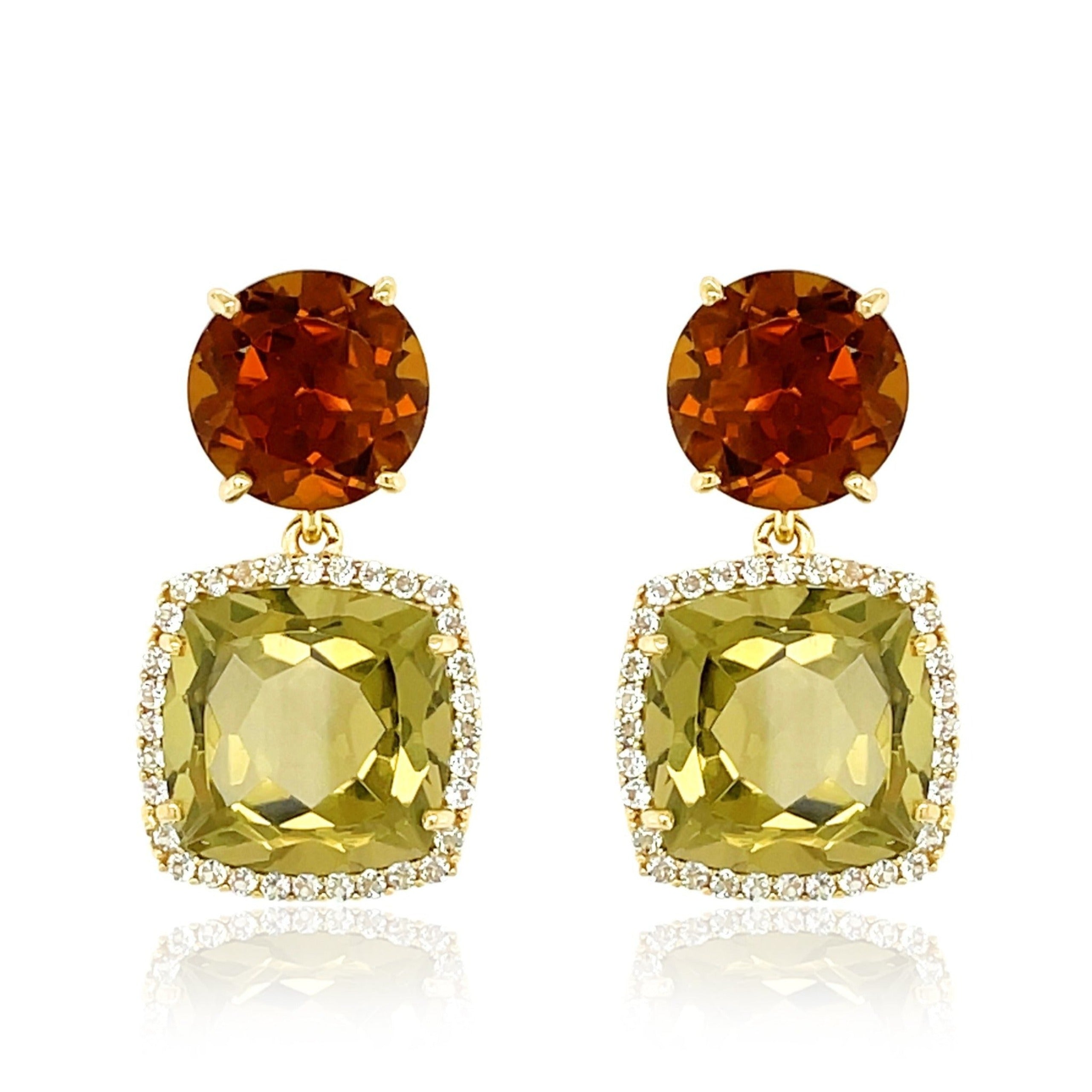 DEUX Earrings (1145) - Whisky Citrine, Olive Quartz  / YG