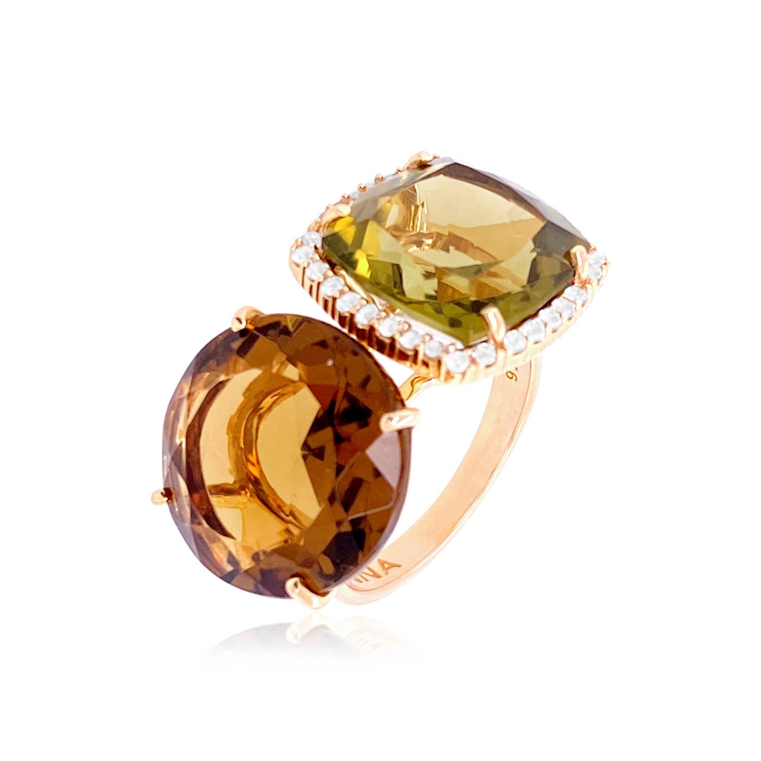 DEUX Ring (1145) - Whisky Citrine, Olive Quartz / YG