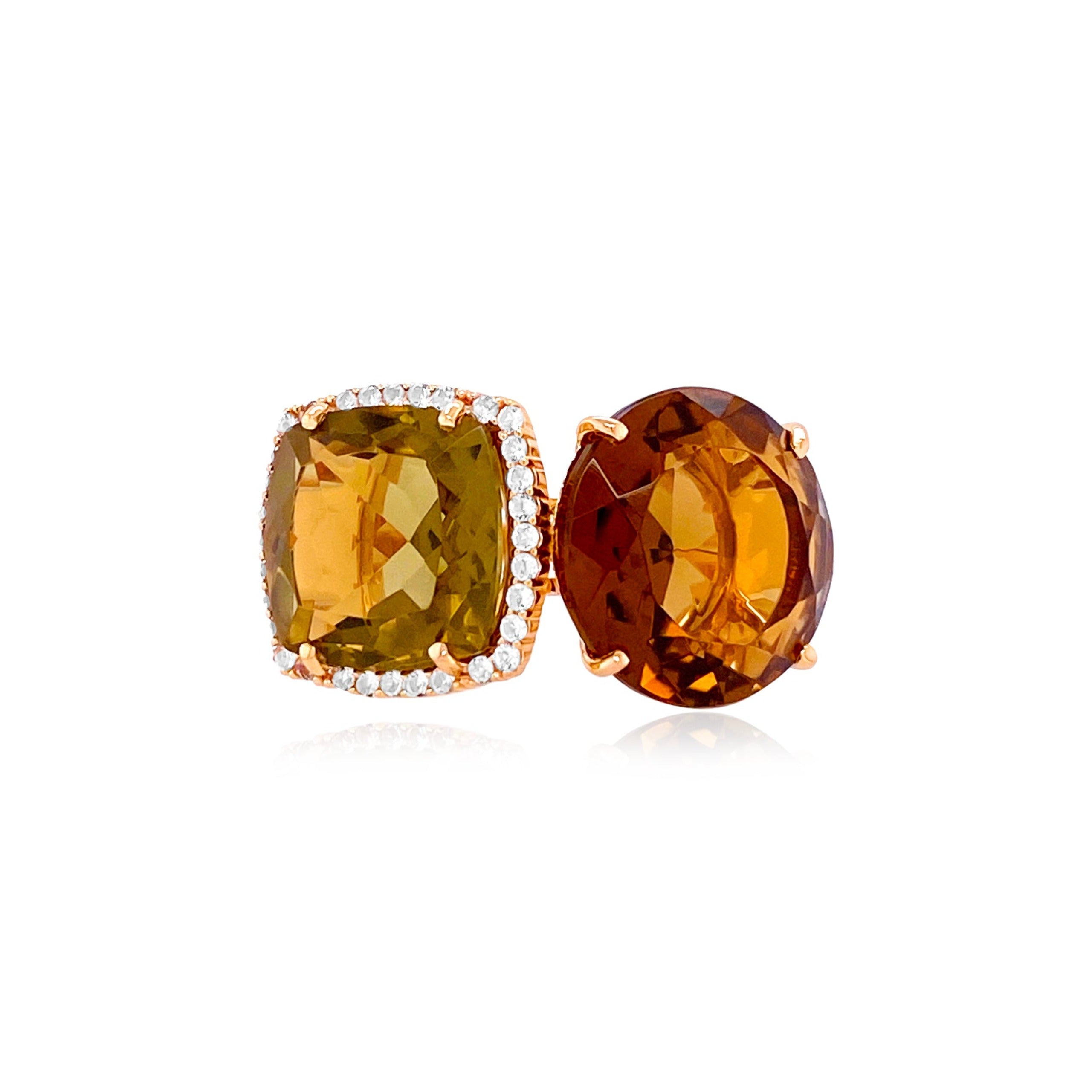 DEUX Ring (1145) - Whisky Citrine, Olive Quartz / YG