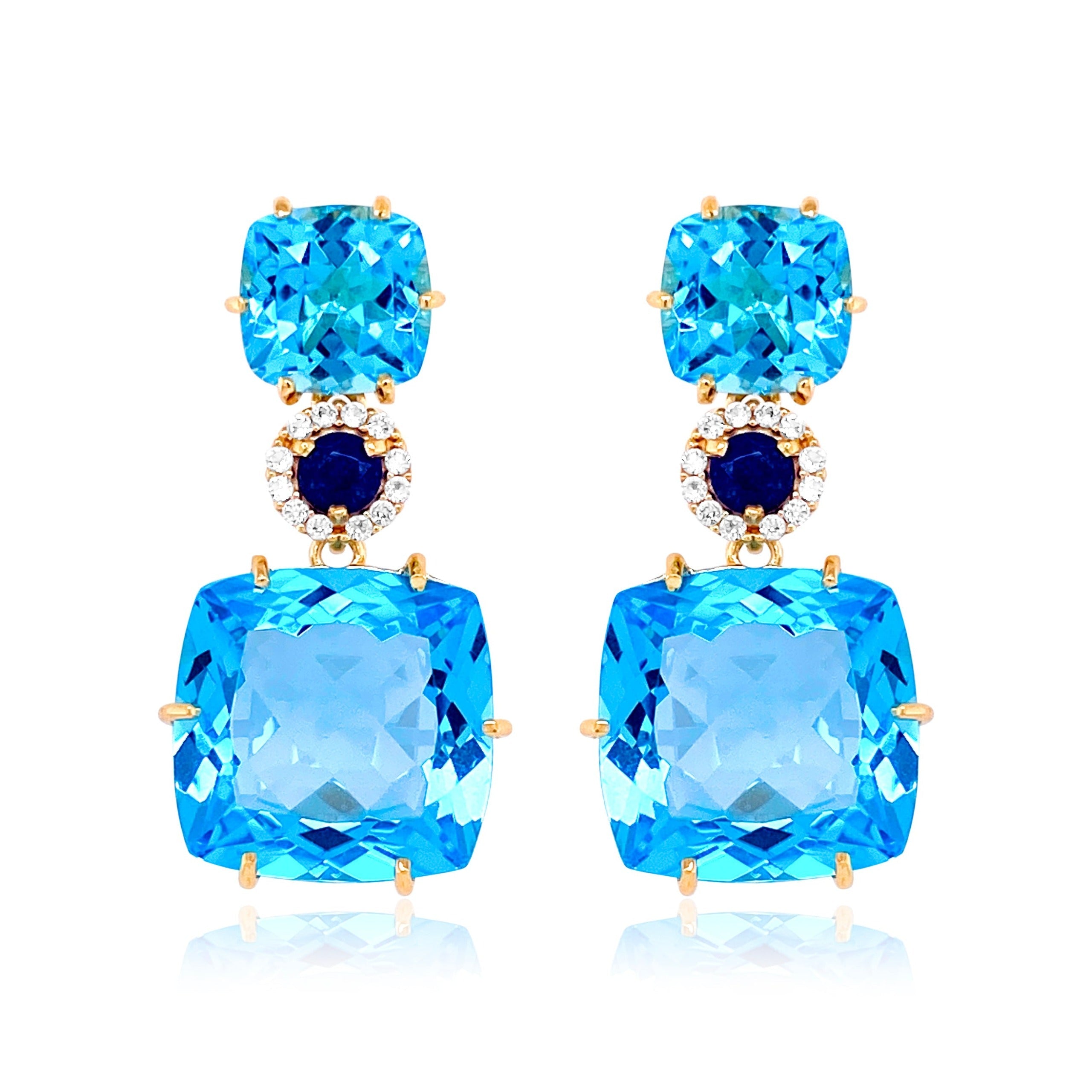 DEUX Earrings (1145) - Blue Topaz, Navy Blue Quartz / YG