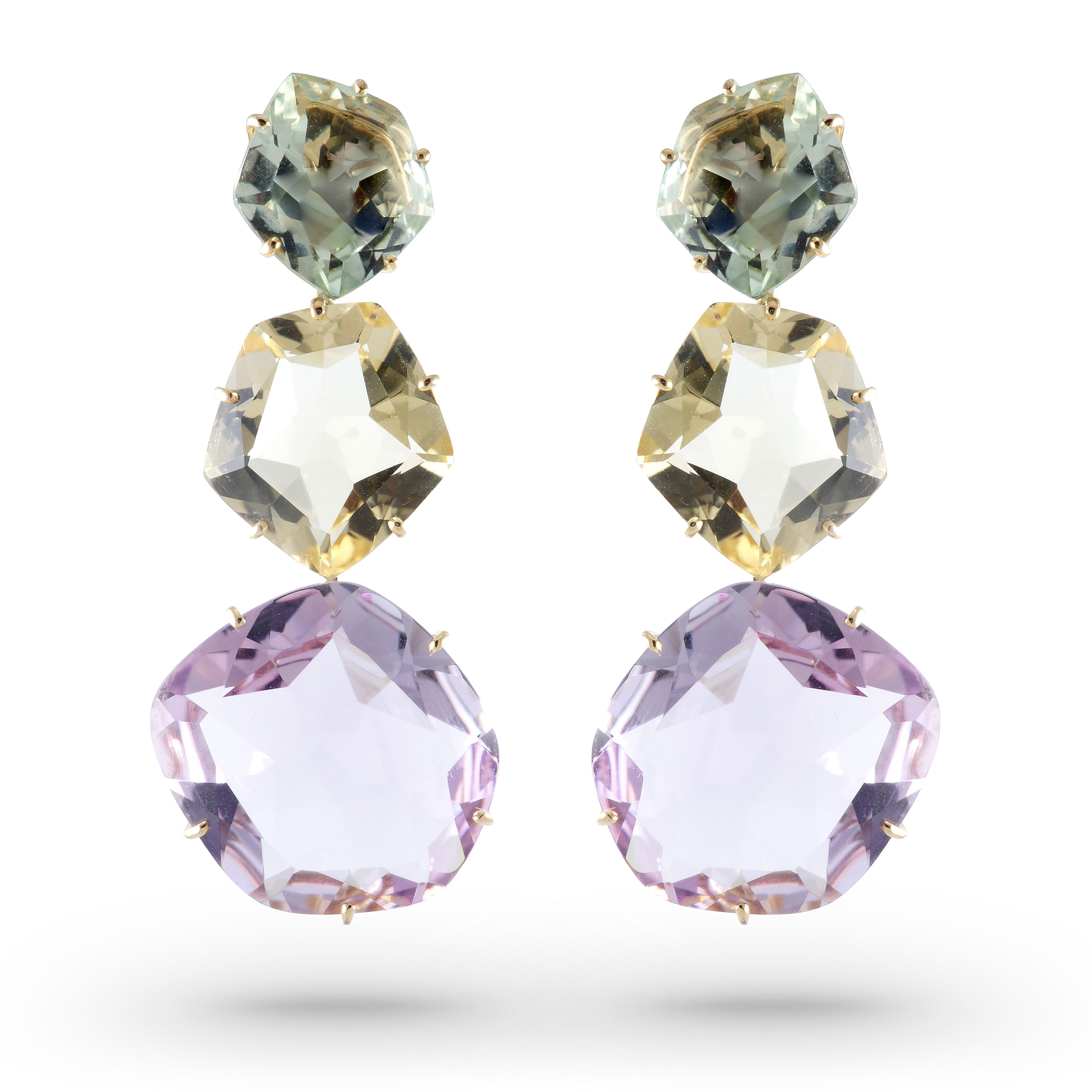 18K Prasiolite / Pink Amethyst / Light Citrine Earrings