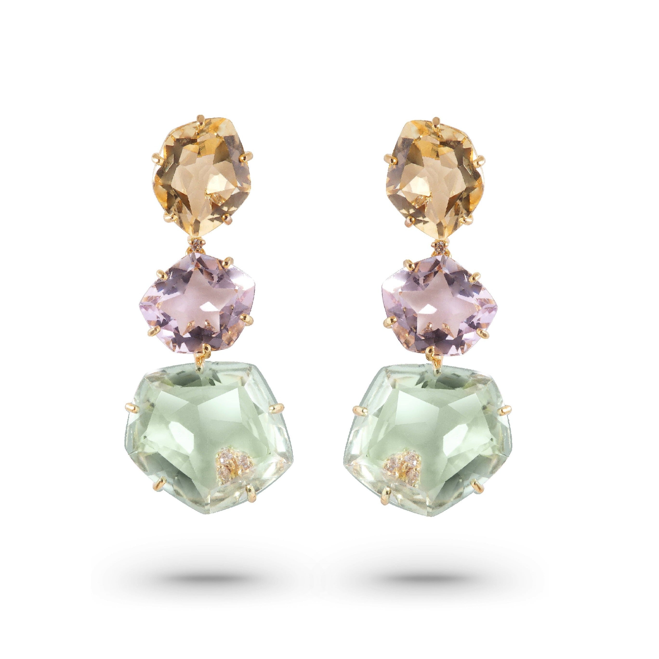 18K Prasiolite / Pink Amethyst / Light Citrine Earrings