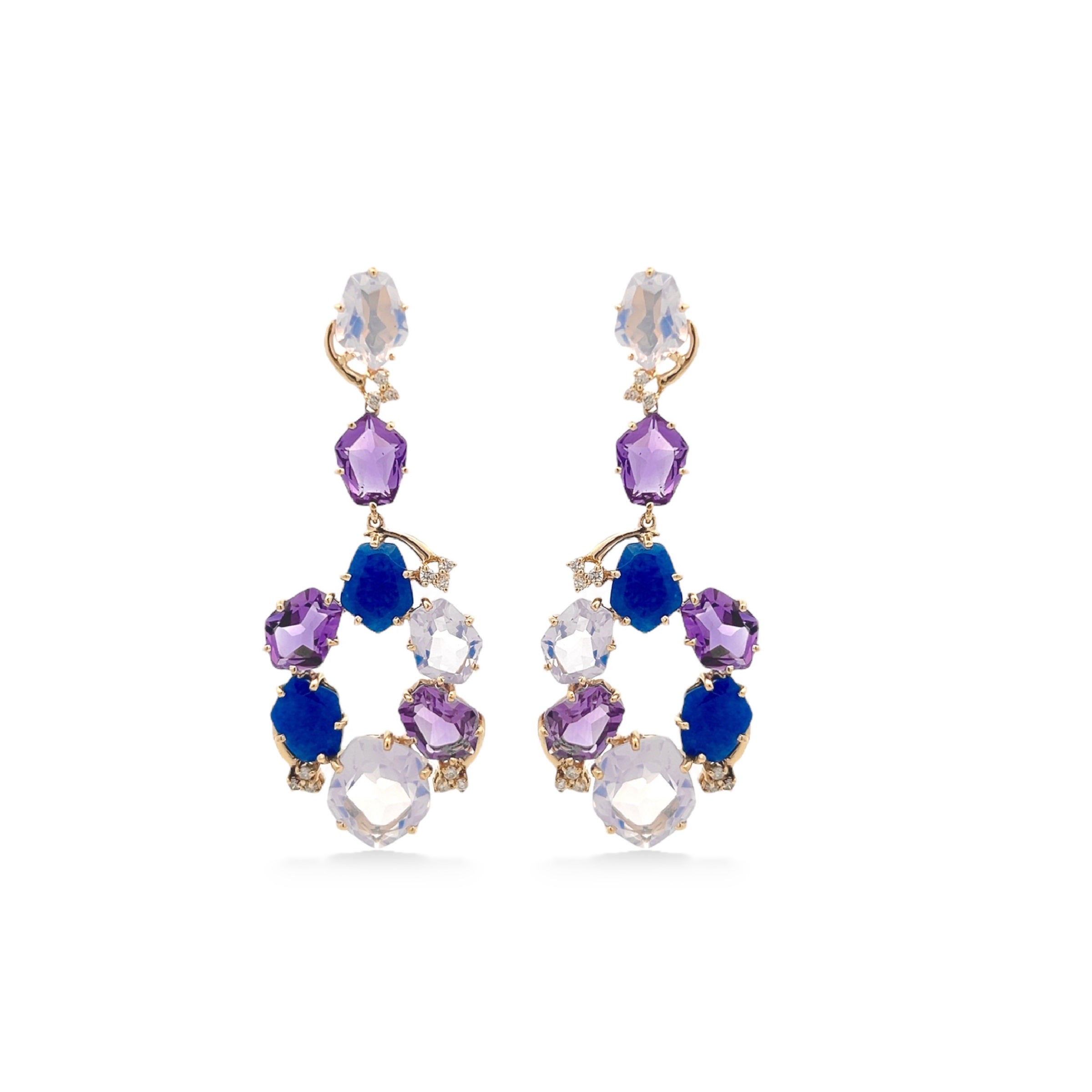 18K AMORFUS EARRINGS (1096) - Amethyst, Lilac Opal Amethyst, Navy Blue Quartz / YG