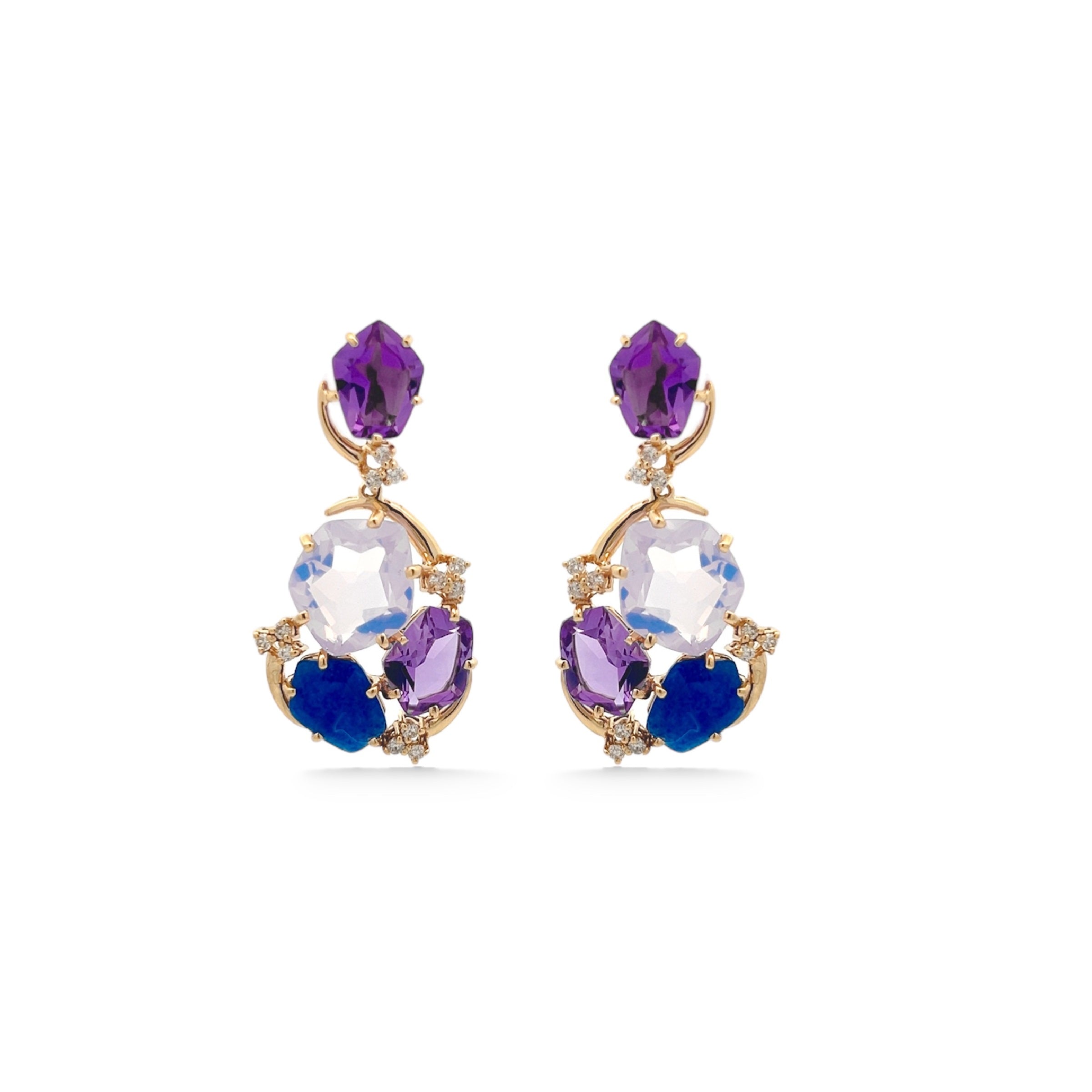 18K AMORFUS EARRINGS (1096) - Amethyst, Lilac Opal Amethyst, Navy Blue Quartz / YG