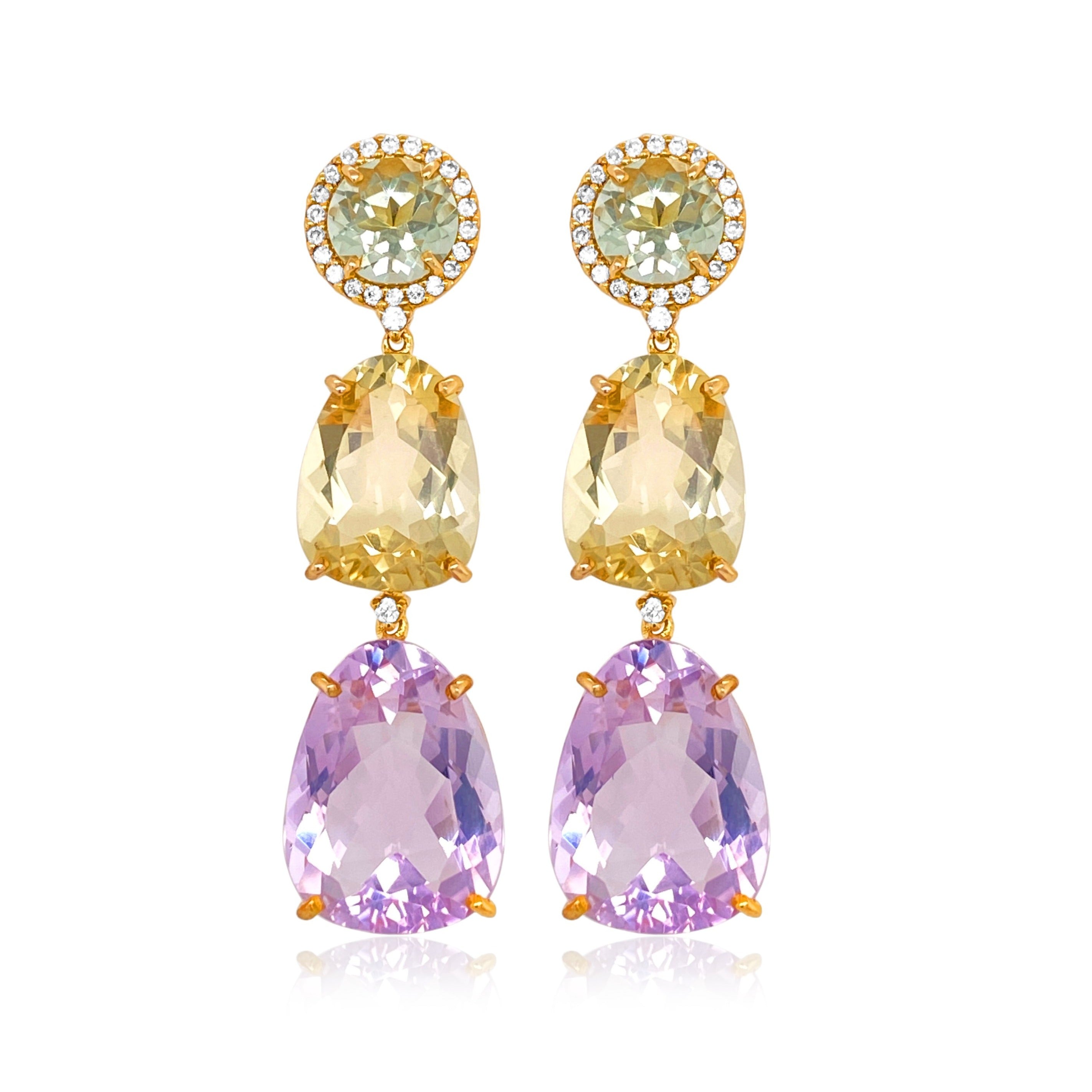 18K Pink Amethyst / Light Citrine / Prasiolite Earrings