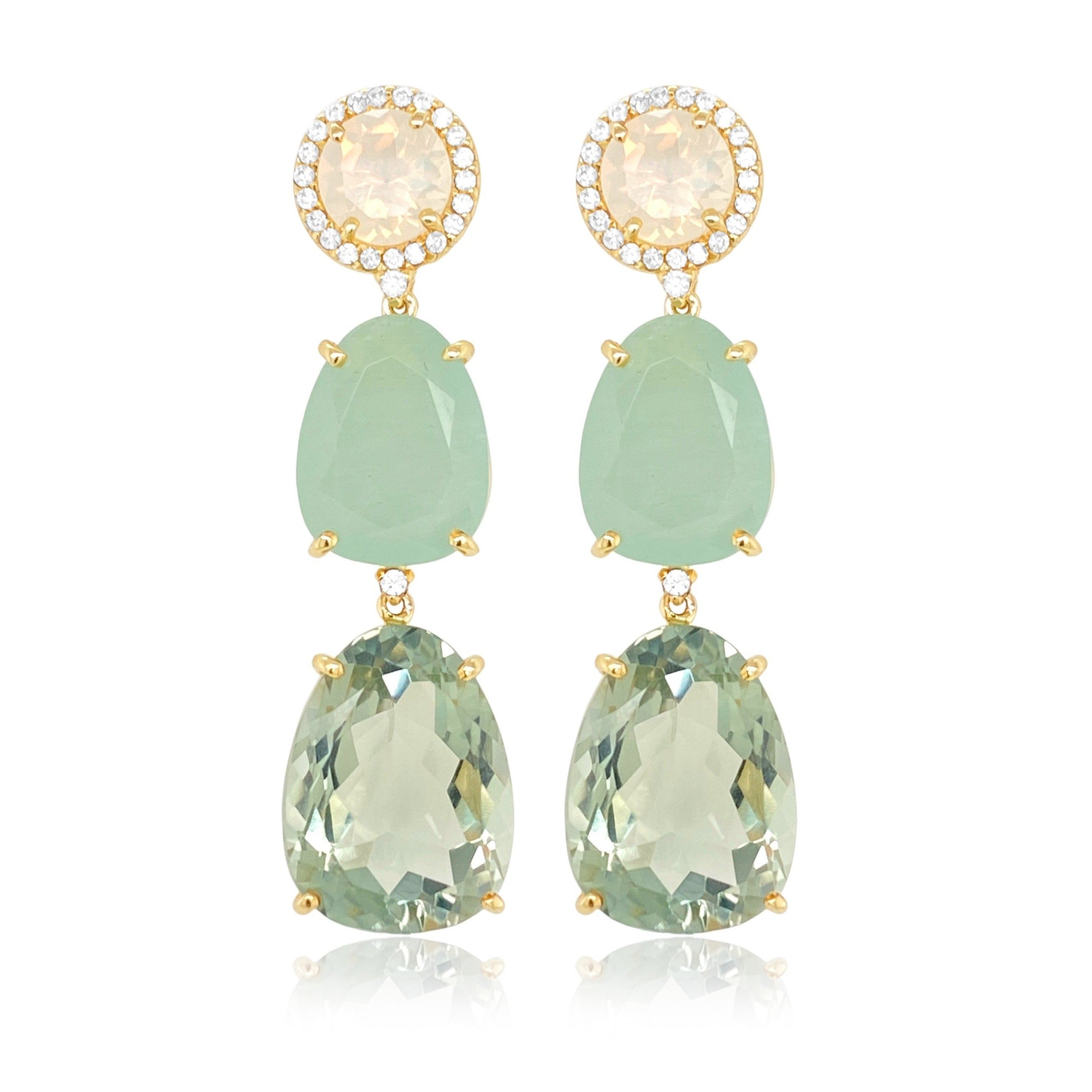 18K Prasiolite / Milky Aquamarine / Opal Quartz Earrings