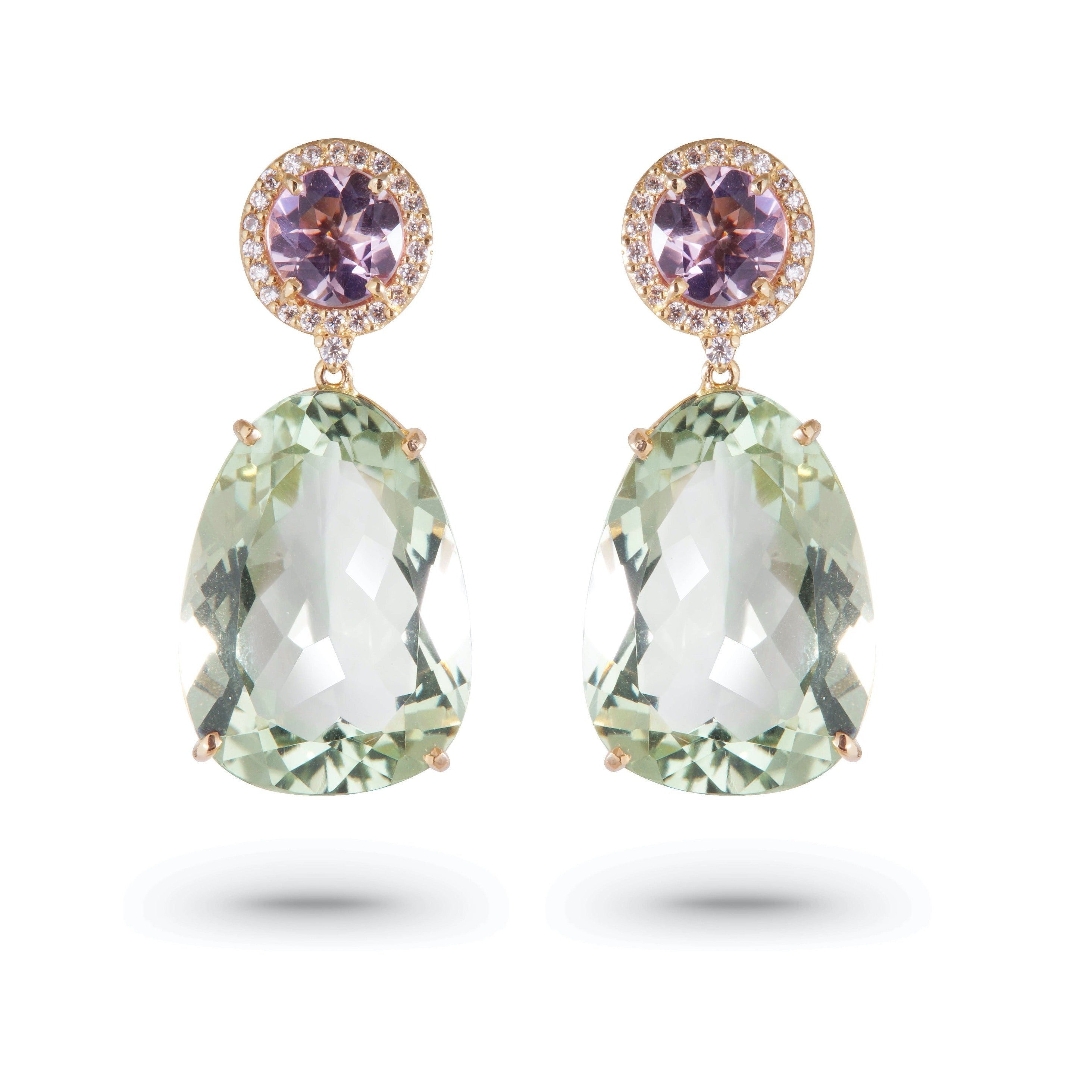 18K Prasiolite & Pink Amethyst Earrings