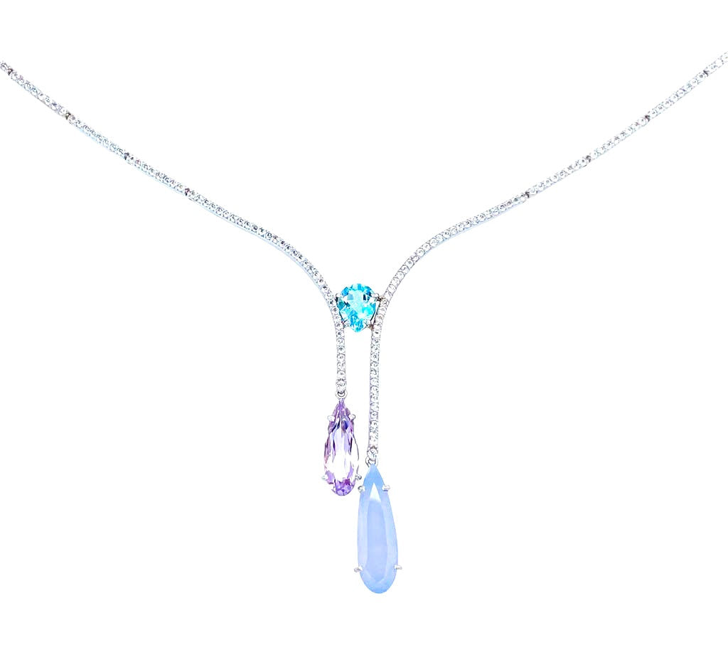 VILLA RICA Necklace (1213) - Blue Topaz Chalcedony, Pink Amethyst / SS