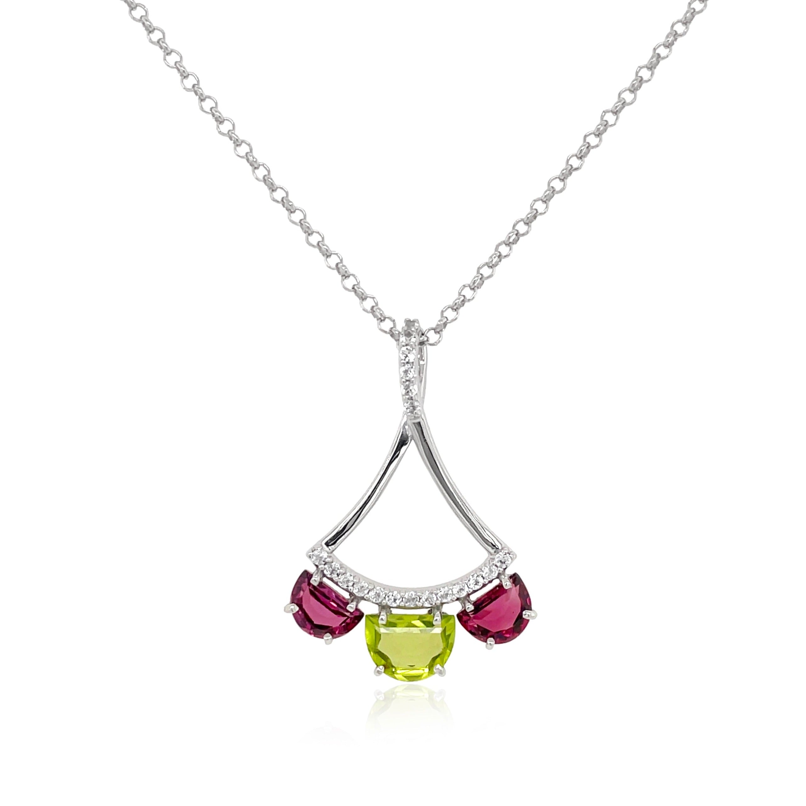 PENDULUM Necklace (1322) - Peridot, Rhodolite / SS