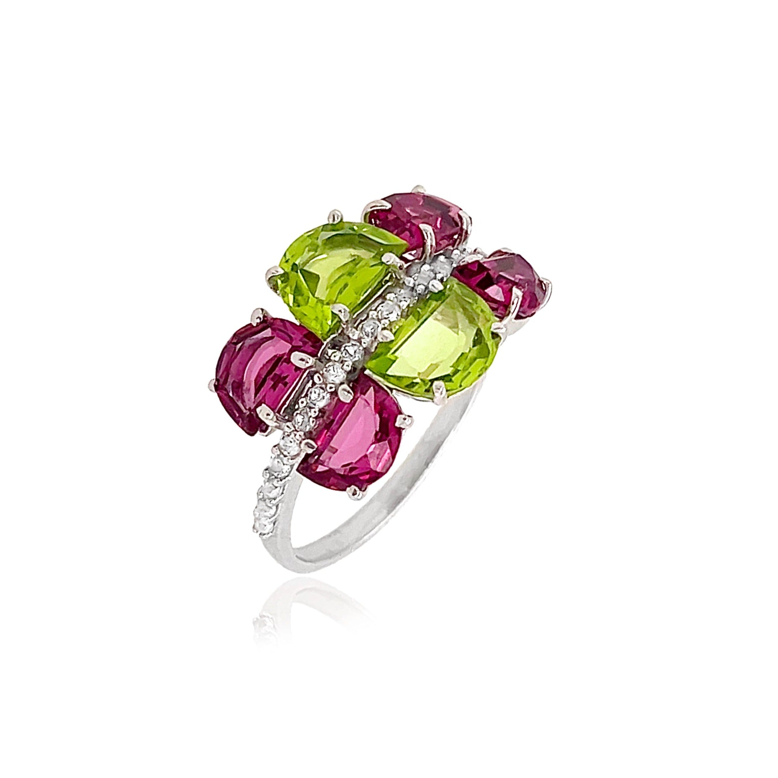 PENDULUM Ring (1322) - Peridot, Rhodolite / SS