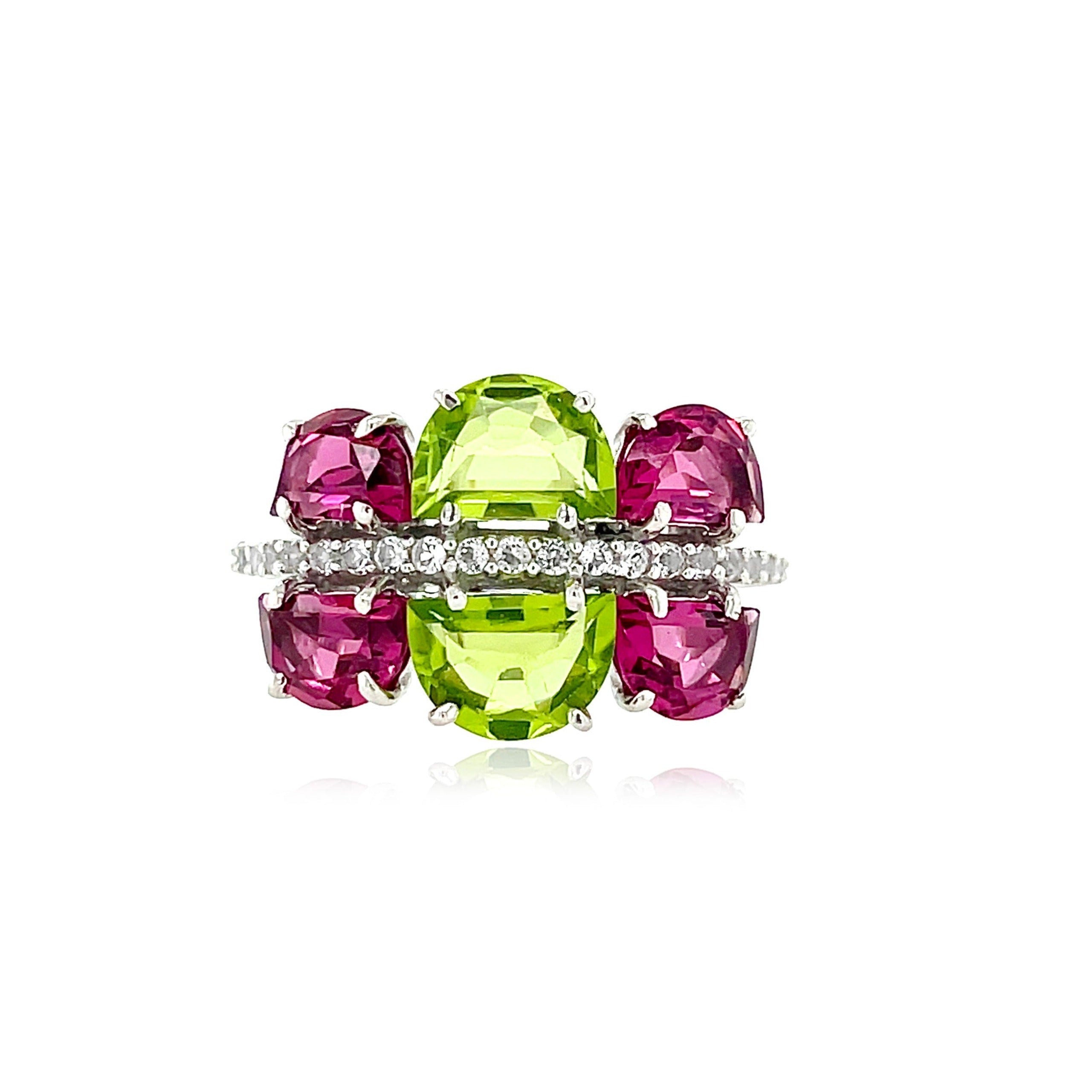 PENDULUM Ring (1322) - Peridot, Rhodolite / SS