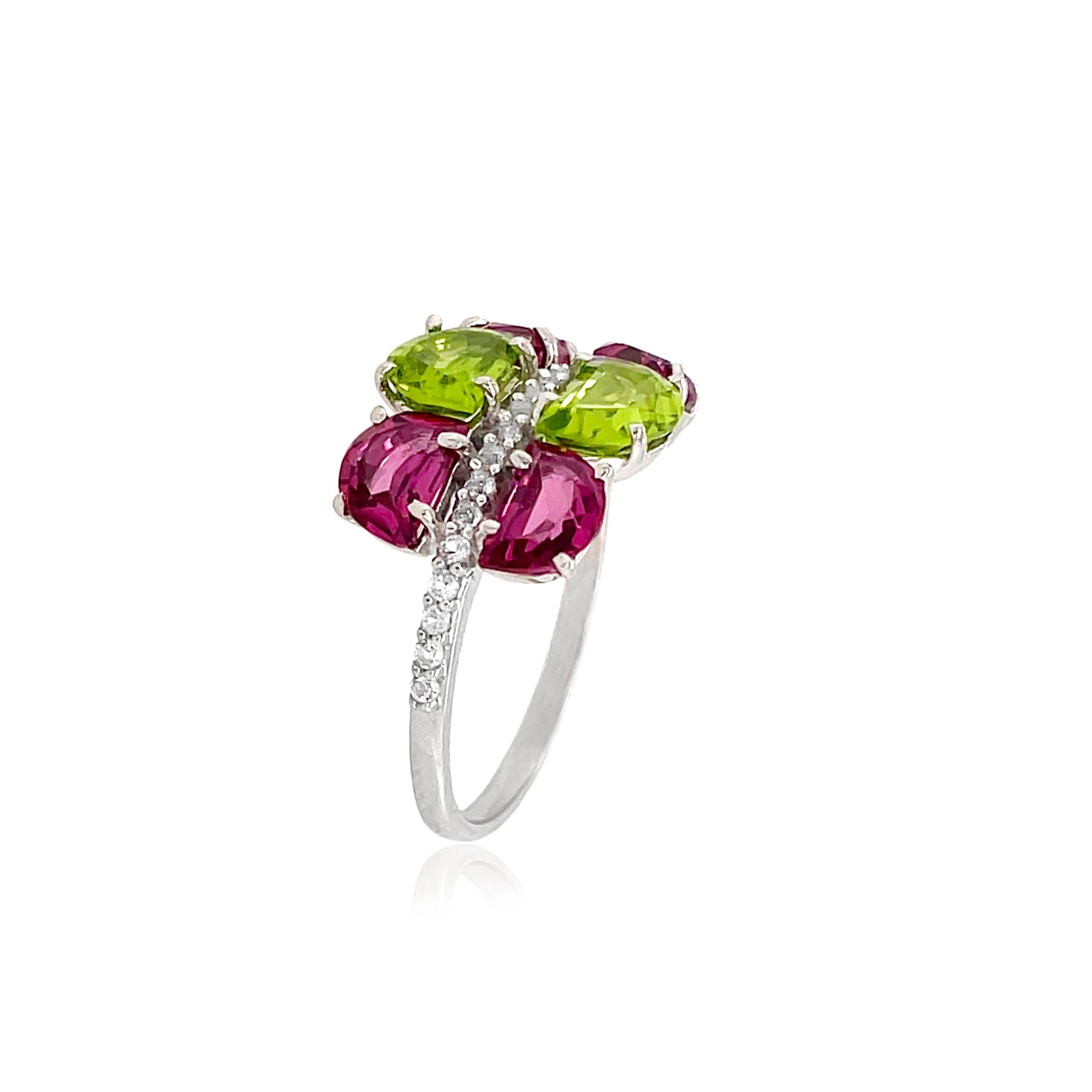 PENDULUM Ring (1322) - Peridot, Rhodolite / SS