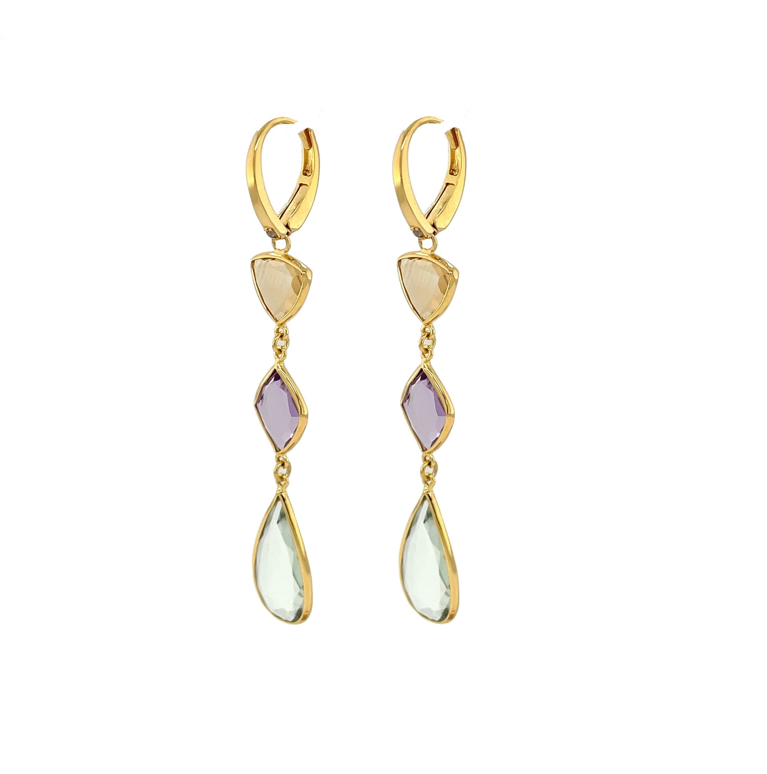 Classic Earrings (1316) - Pink Amethyst, Yellow Light Citrine, Praziolite / YG