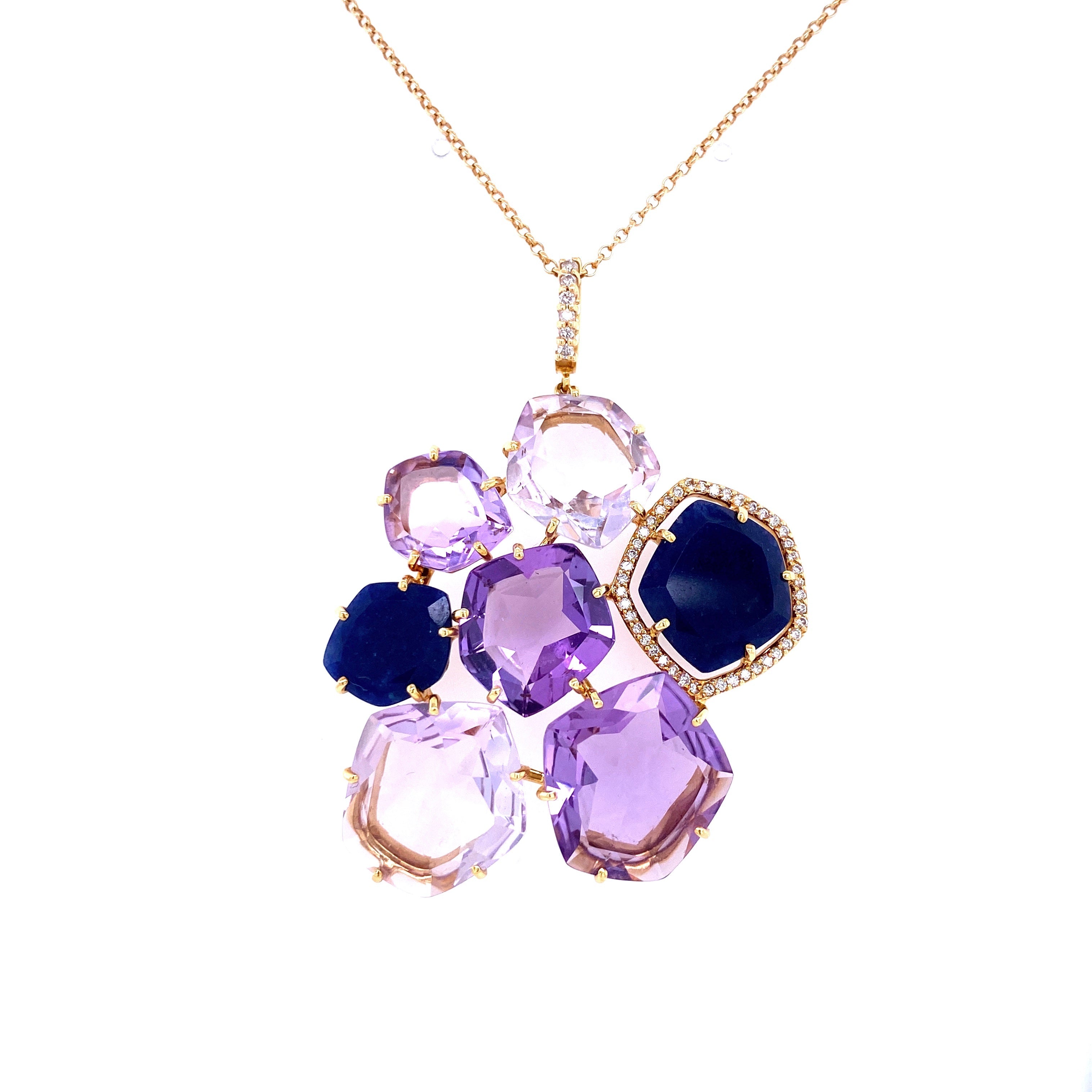 18K Pink Amethyst / Amethyst / Navy Blue Quartz Pendant