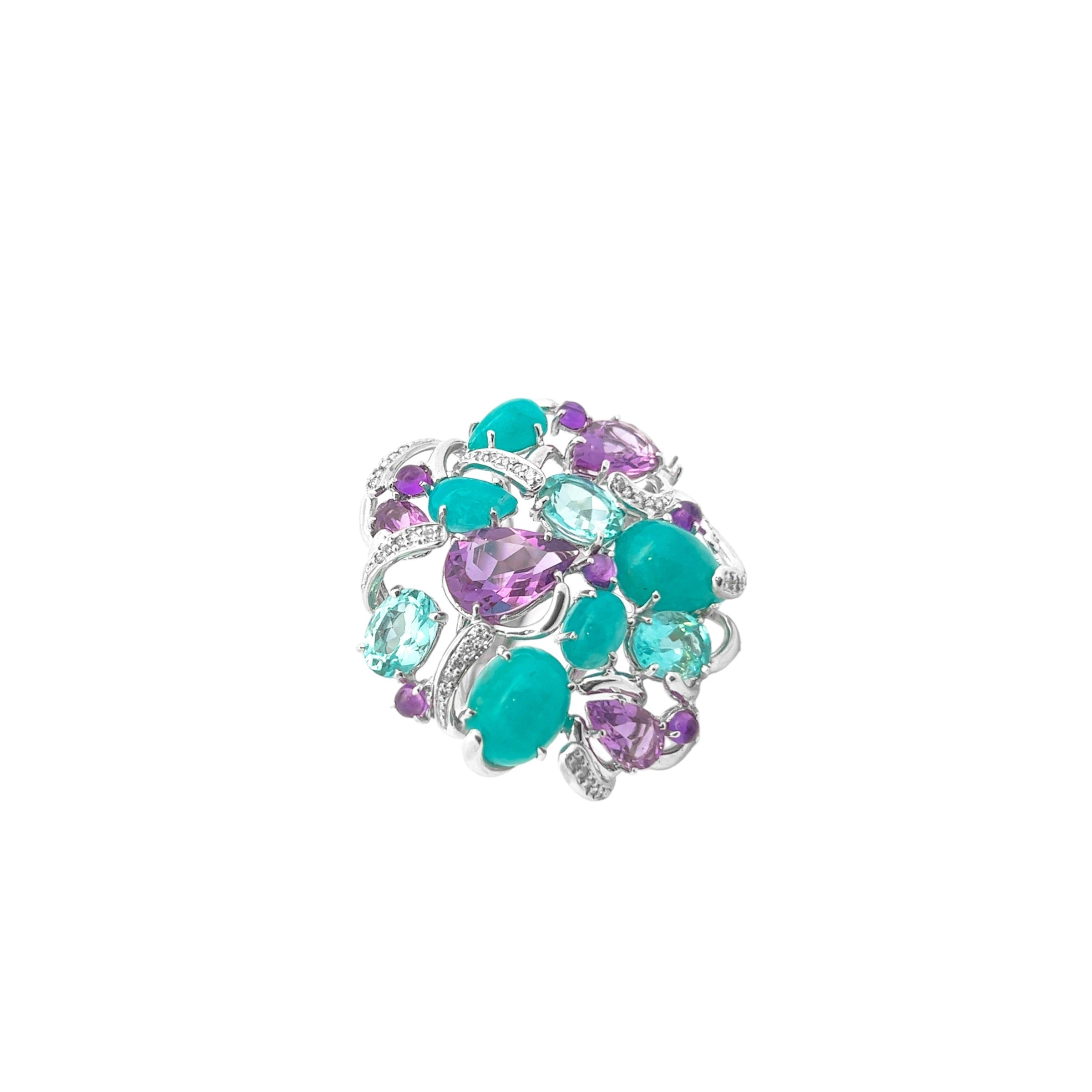 18K Amazonite, Amethyst, Apatite Ring