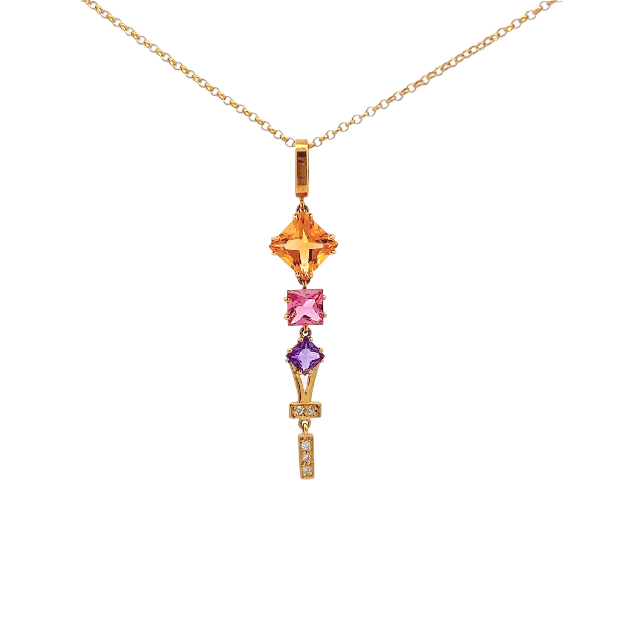 18K Amethyst, Citrine, Pink Tourmaline Pendant