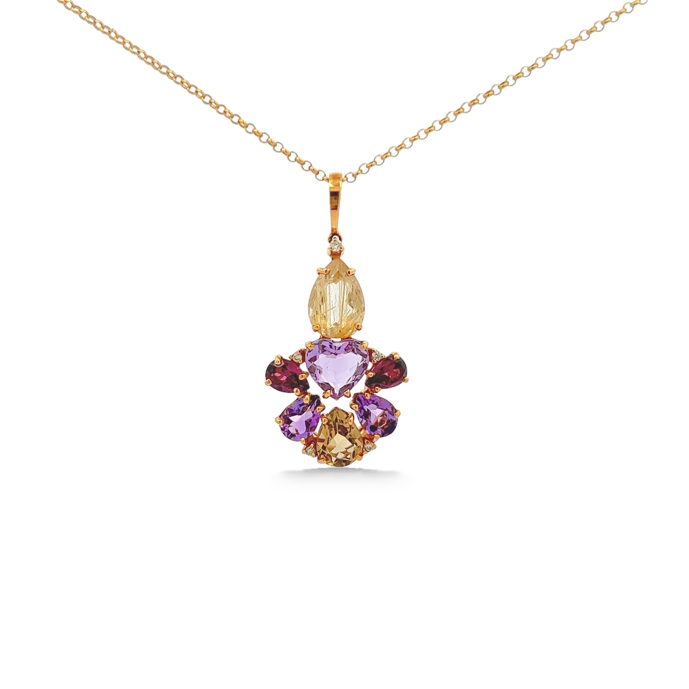 18K Amethyst, Yellow Light Citrine, Rhodolite Pendant