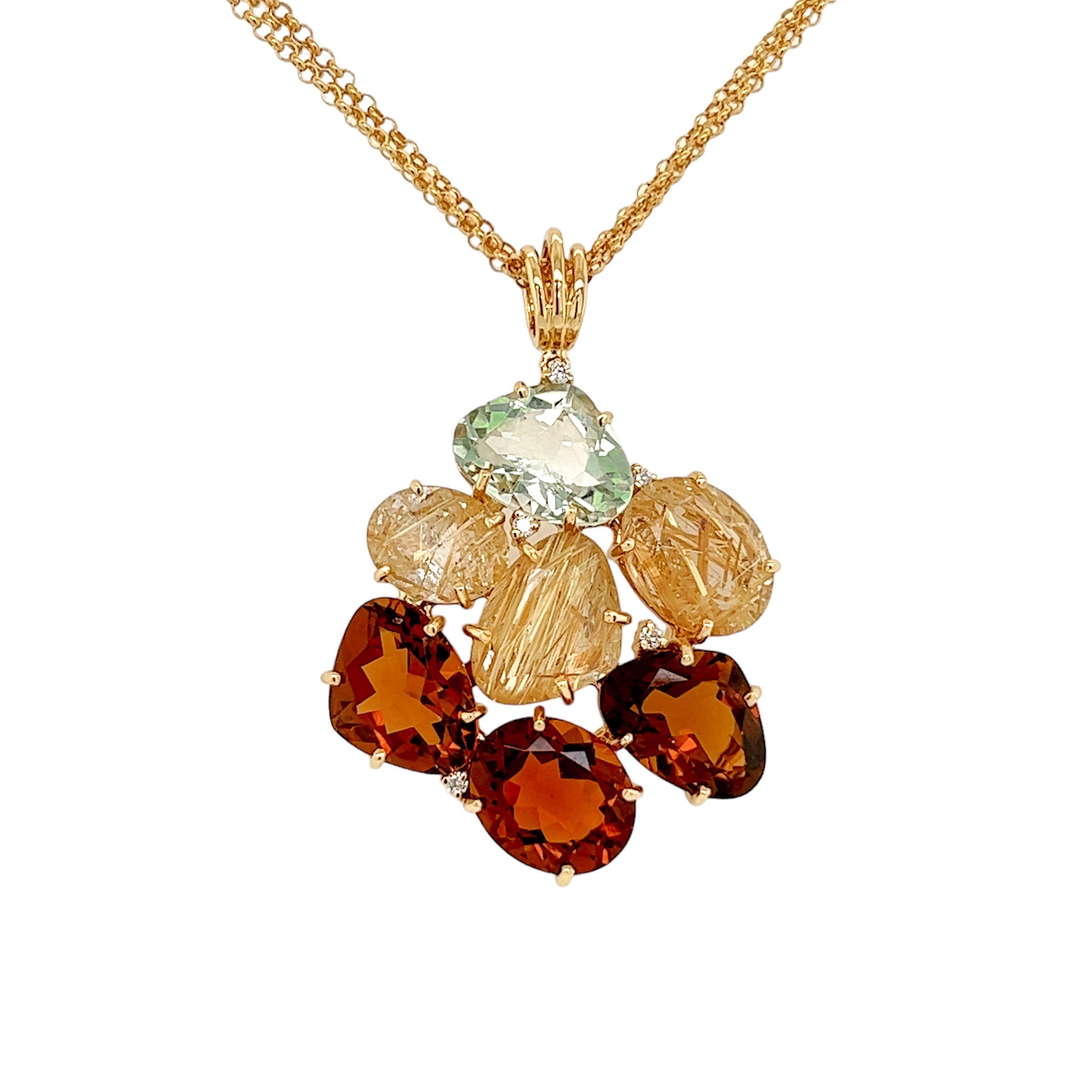 18K Whisky Citrine, Prasiolite, Rutilated Quartz Pendant