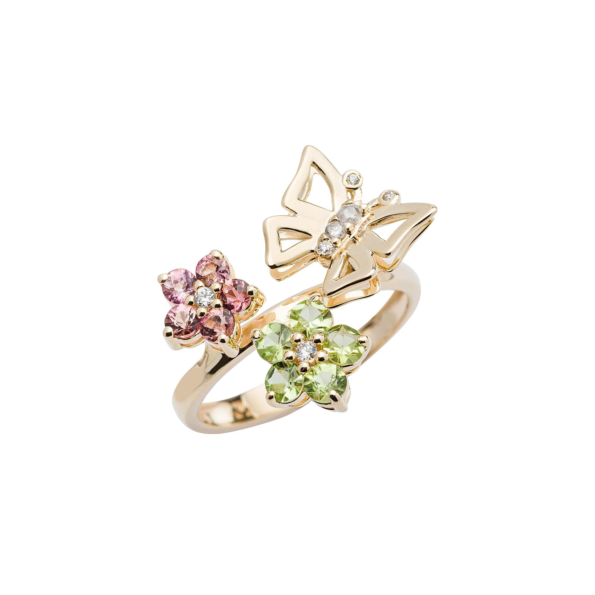 Butterfly Ring (1327) - Pink Tourmaline, Peridot / YG
