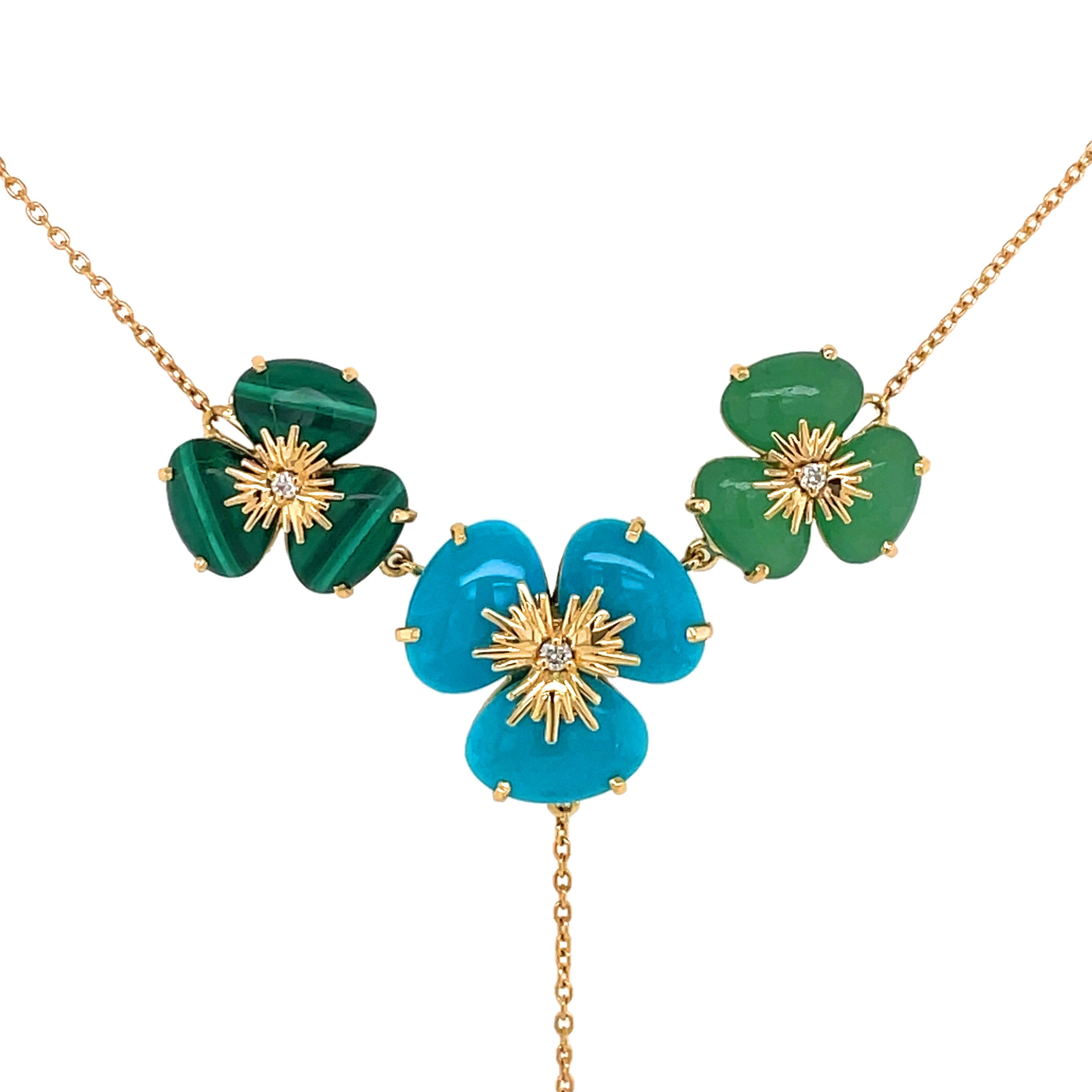18k Pensée Necklace - Turquoise, Mint Quartz, Malachite / YG